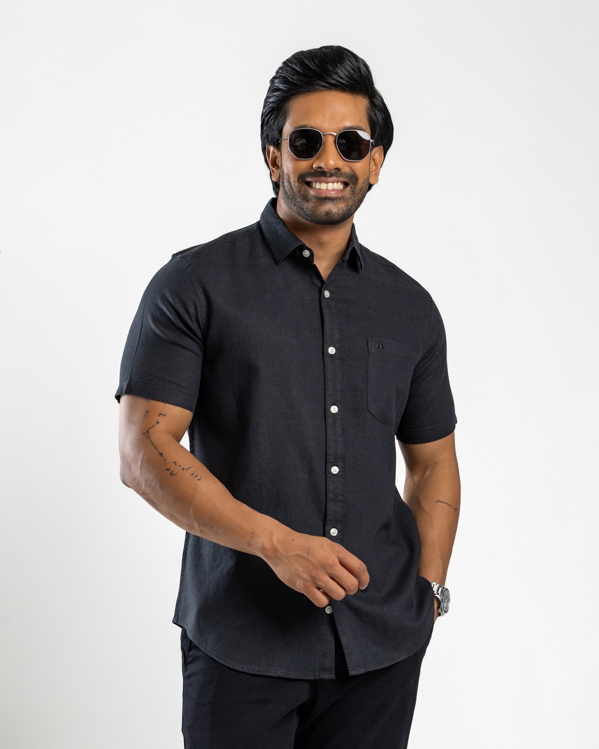 VISCOSE LINEN Short Sleeve Shirt -  Midnight Black