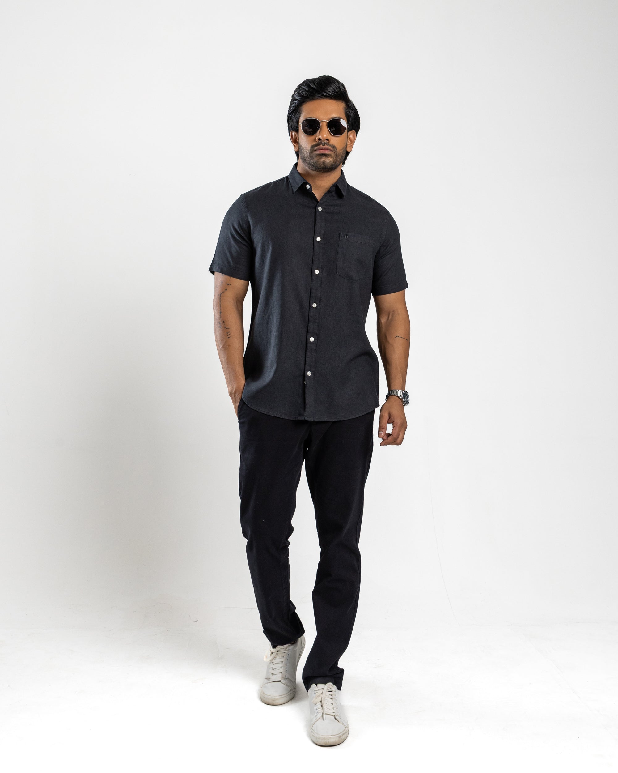 AnationZ Fluid Linen Short Sleeve Shirt - Midnight Onyx Sri Lanka
