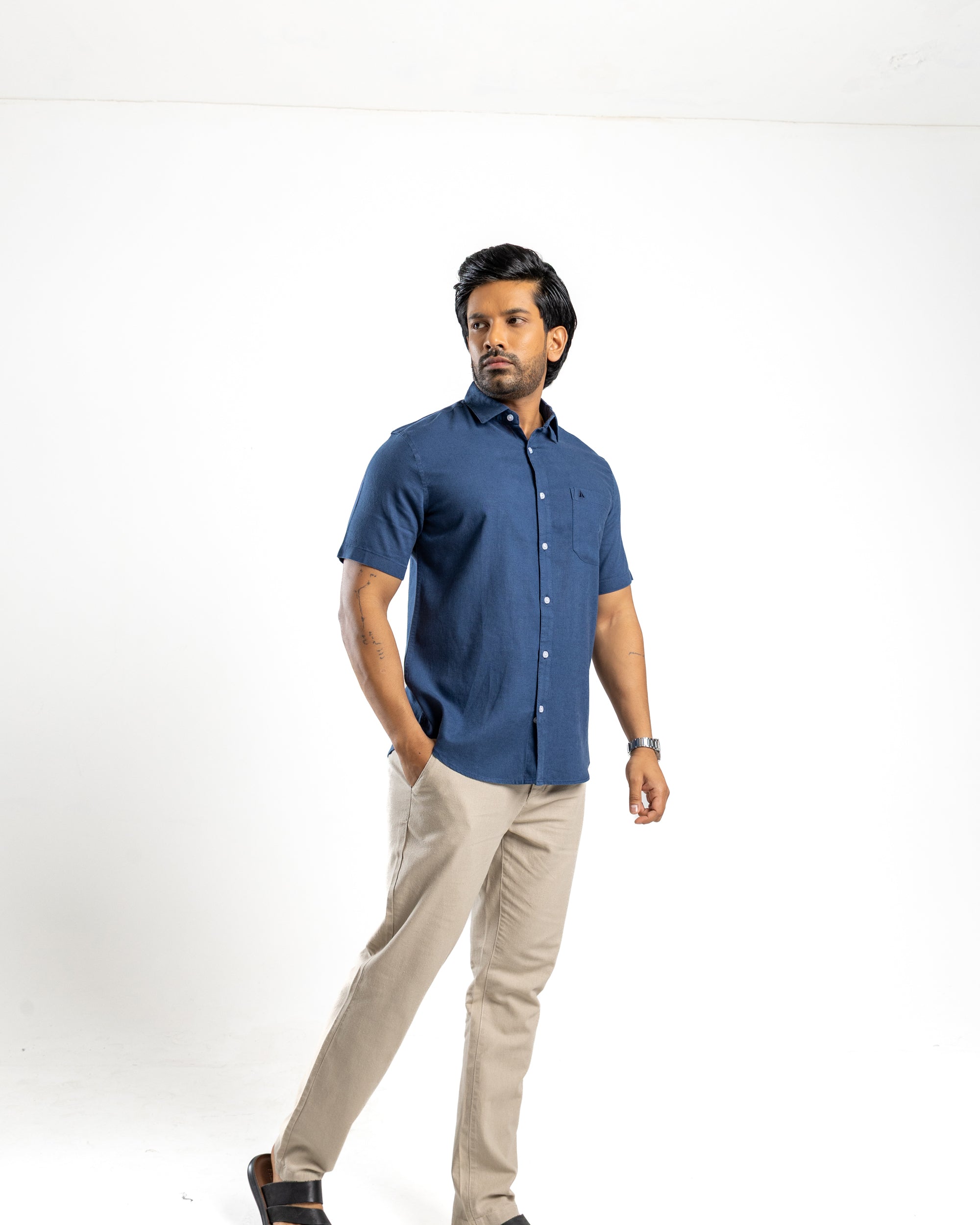 AnationZ Fluid Linen Short Sleeve Shirt - Midnight Ink Sri Lanka
