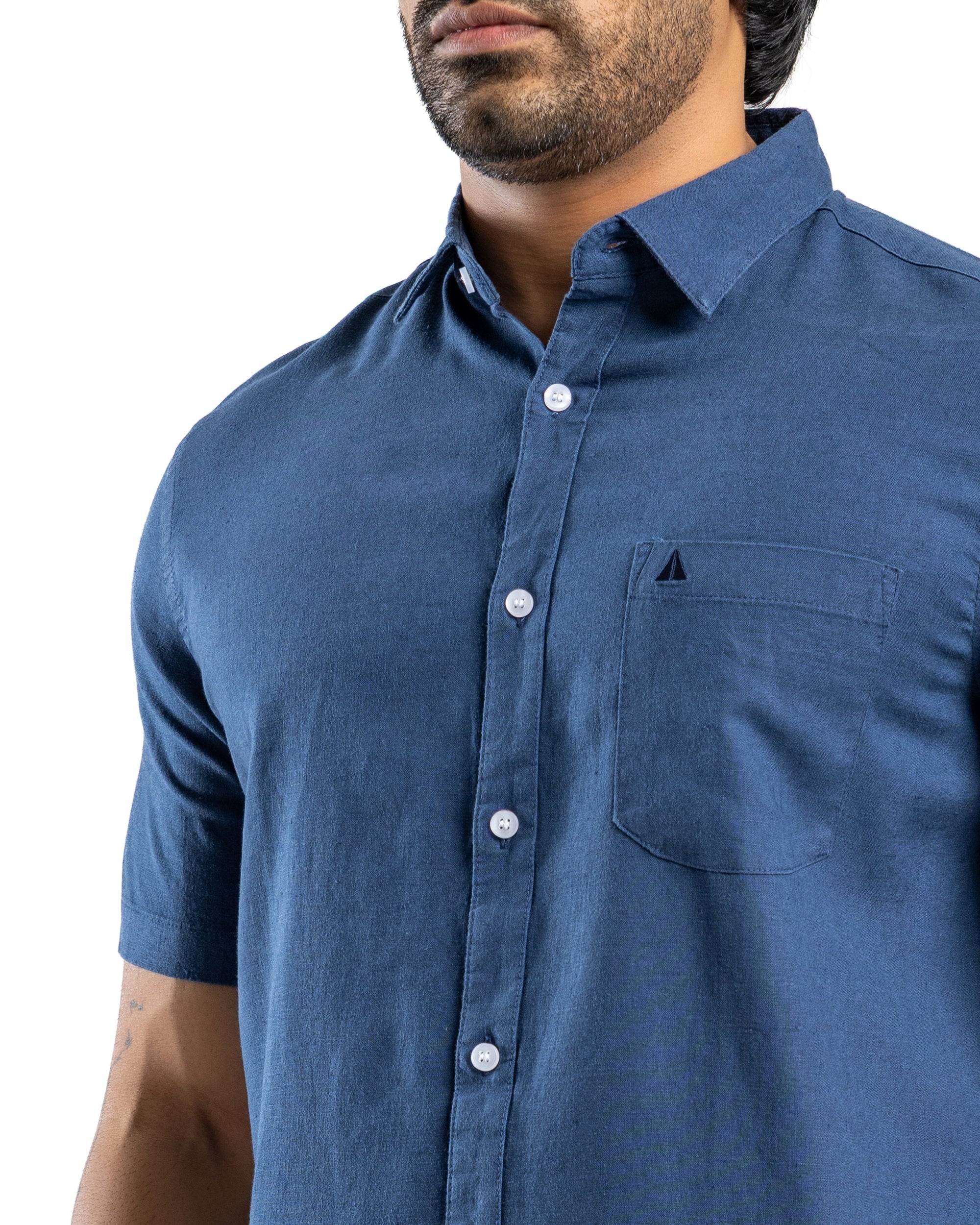 VISCOSE LINEN Short Sleeve Shirt - Deep Ocean Navy