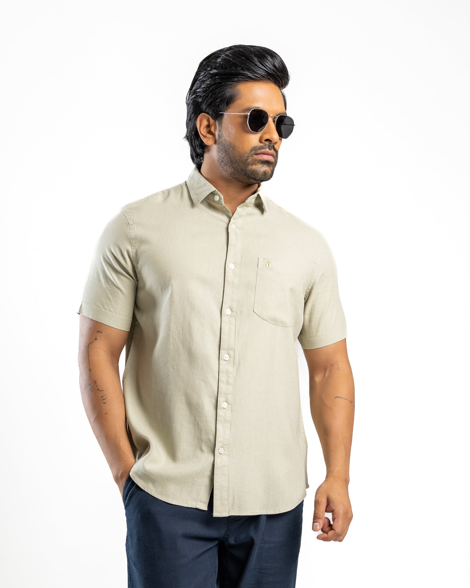VISCOSE LINEN Short Sleeve Shirt - Light Green