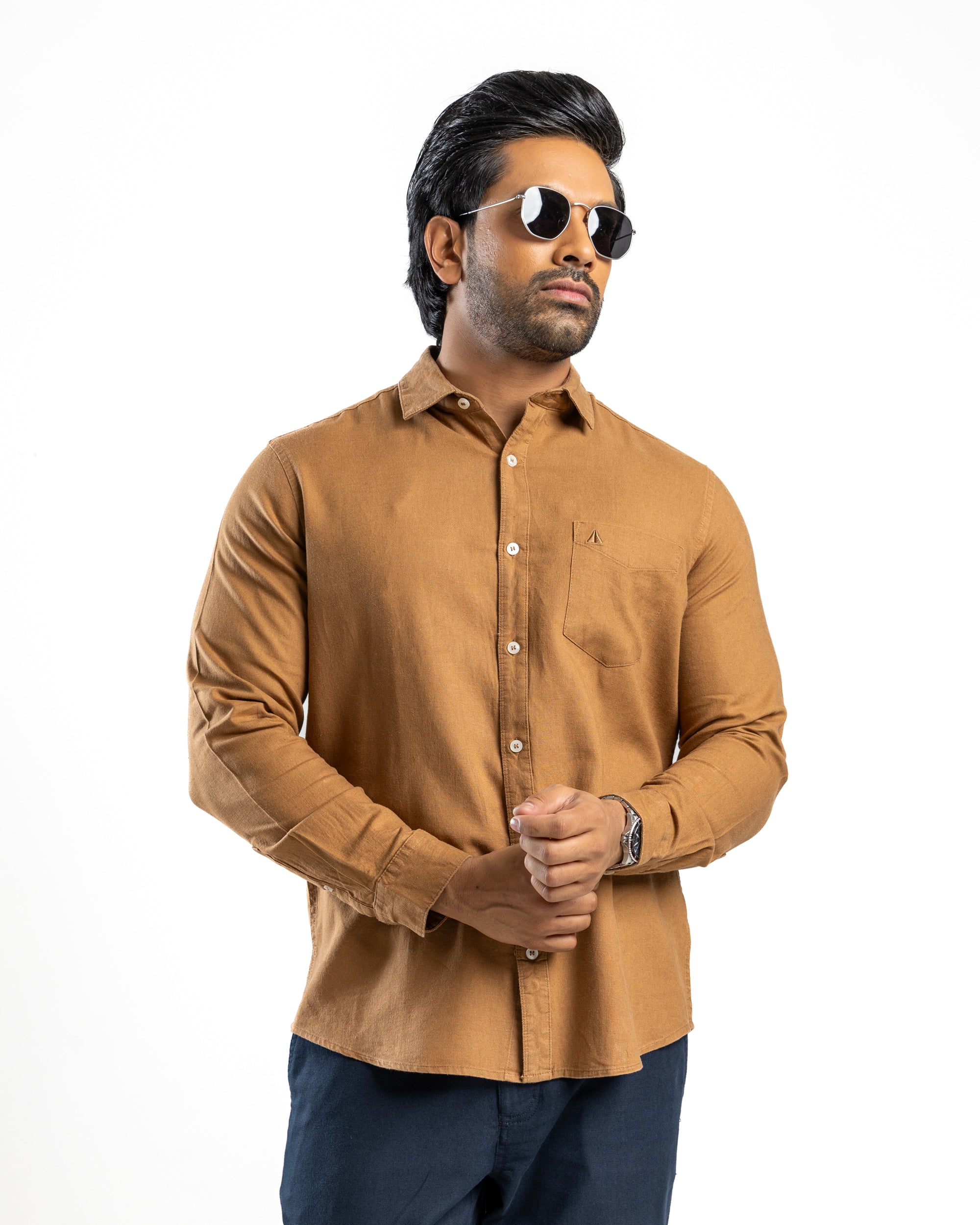 VISCOSE LINEN Long Sleeve Shirt Khaki