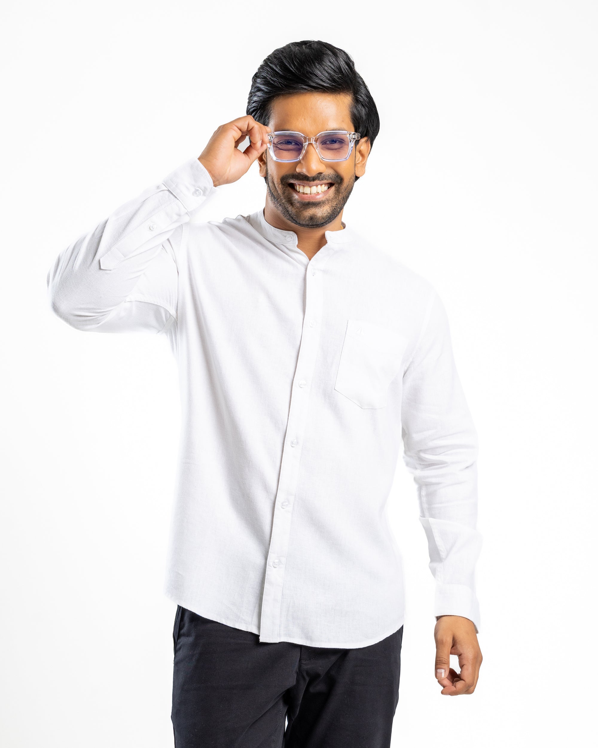 AnationZ Fluid Linen Chinese Collar Shirt - Alpine White Sri Lanka
