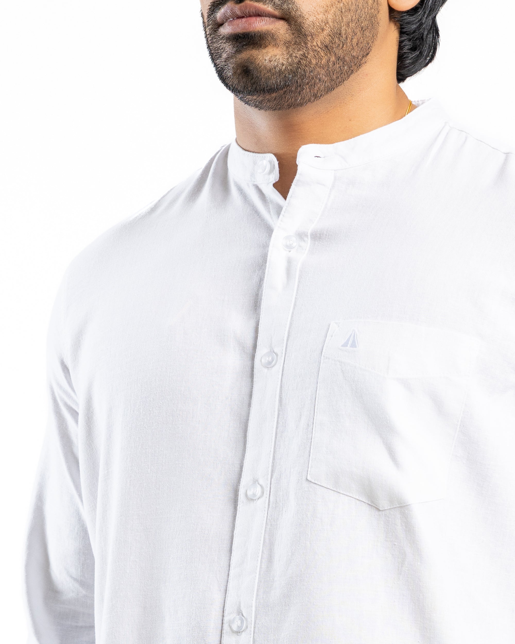 VISCOSE LINEN Long Sleeve Chinese Collar Shirt -  Pure Alpine White