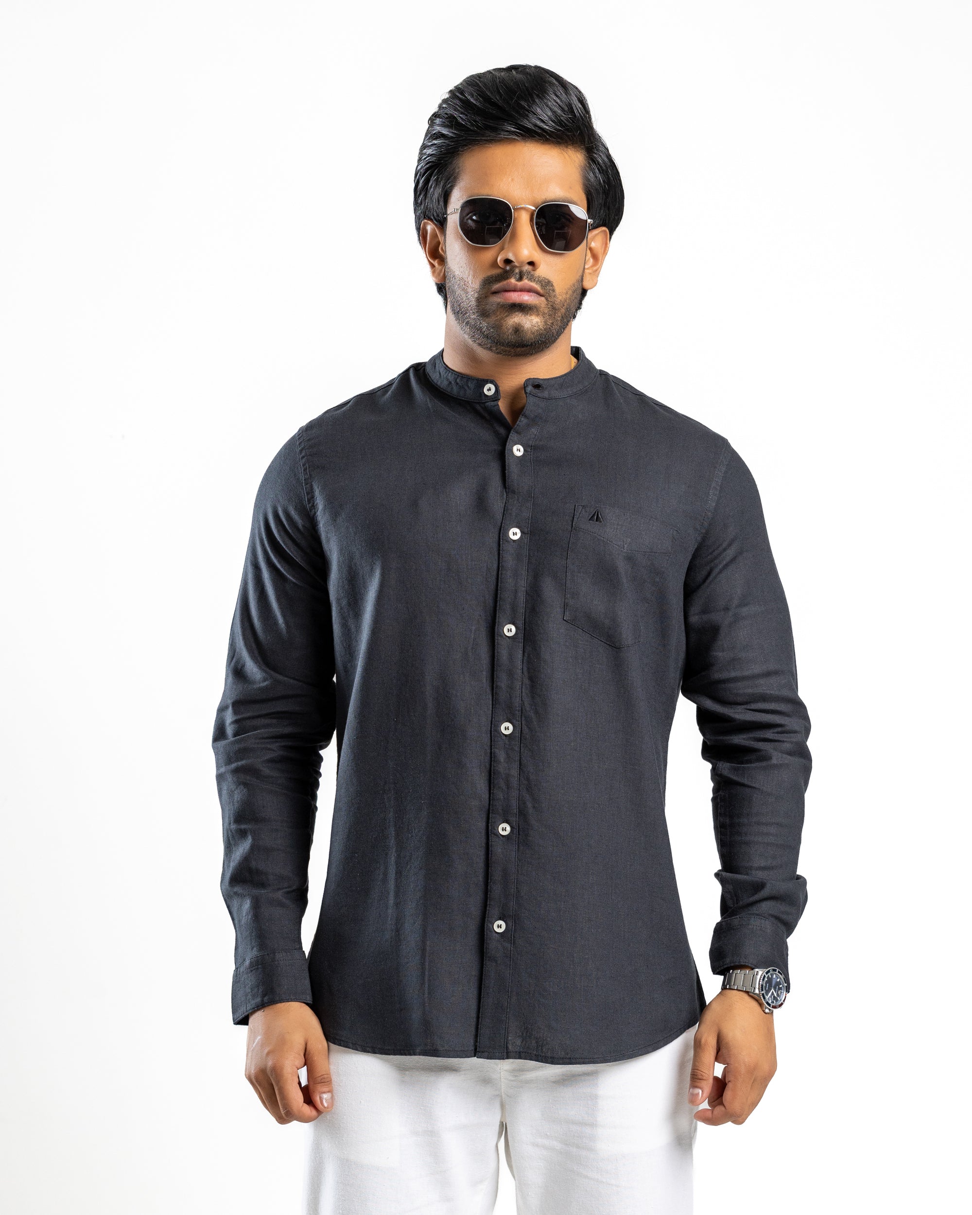 VISCOSE LINEN Long Sleeve Chinese Collar Shirt - Midnight Black
