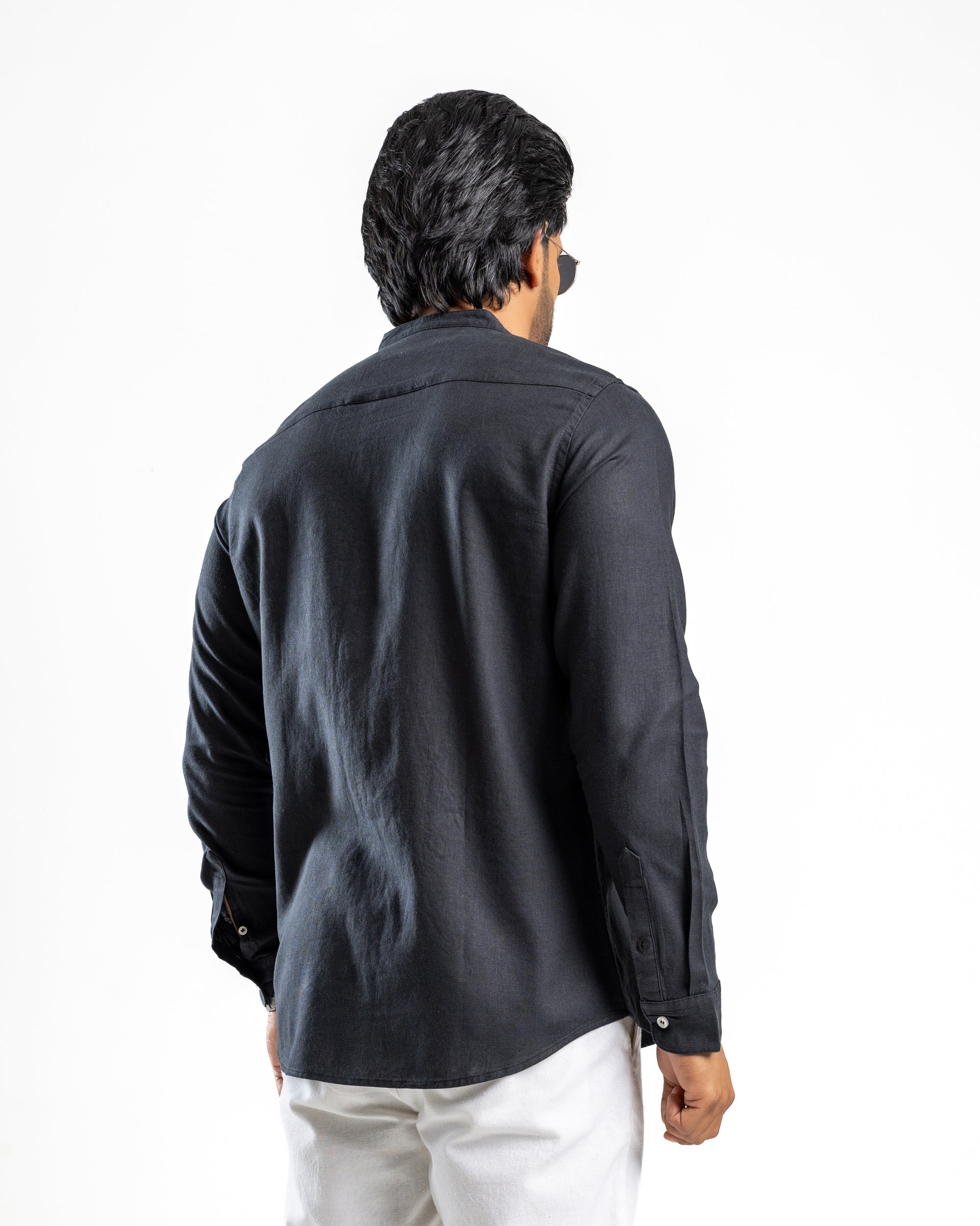 AnationZ Fluid Linen Chinese Collar Shirt - Midnight Onyx Sri Lanka