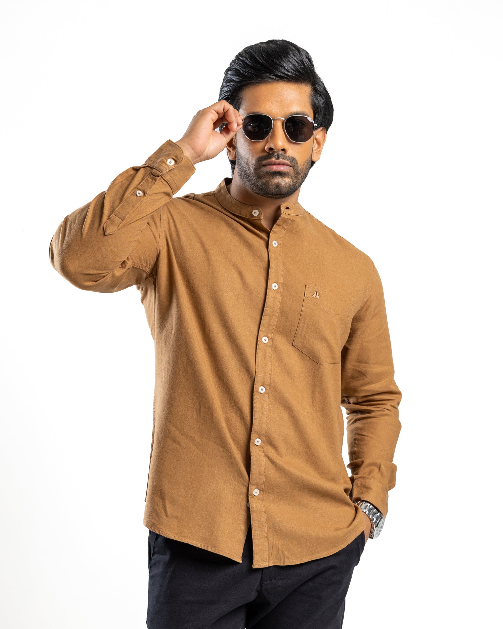 Viscose Linen Blend Long Sleeve Shirt | Desert Khaki