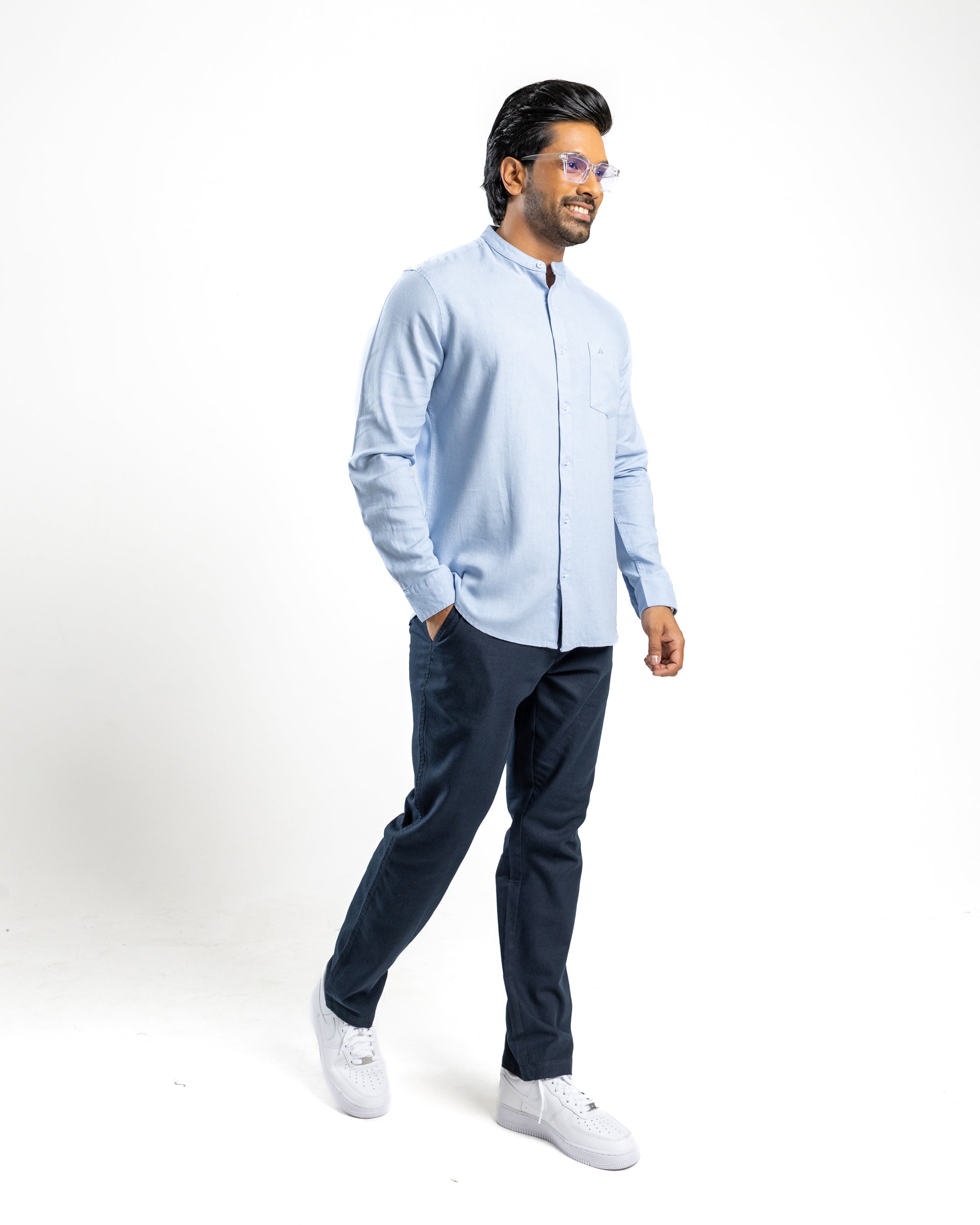 Fluid Linen Chinese Collar Shirt - Glacial Blue