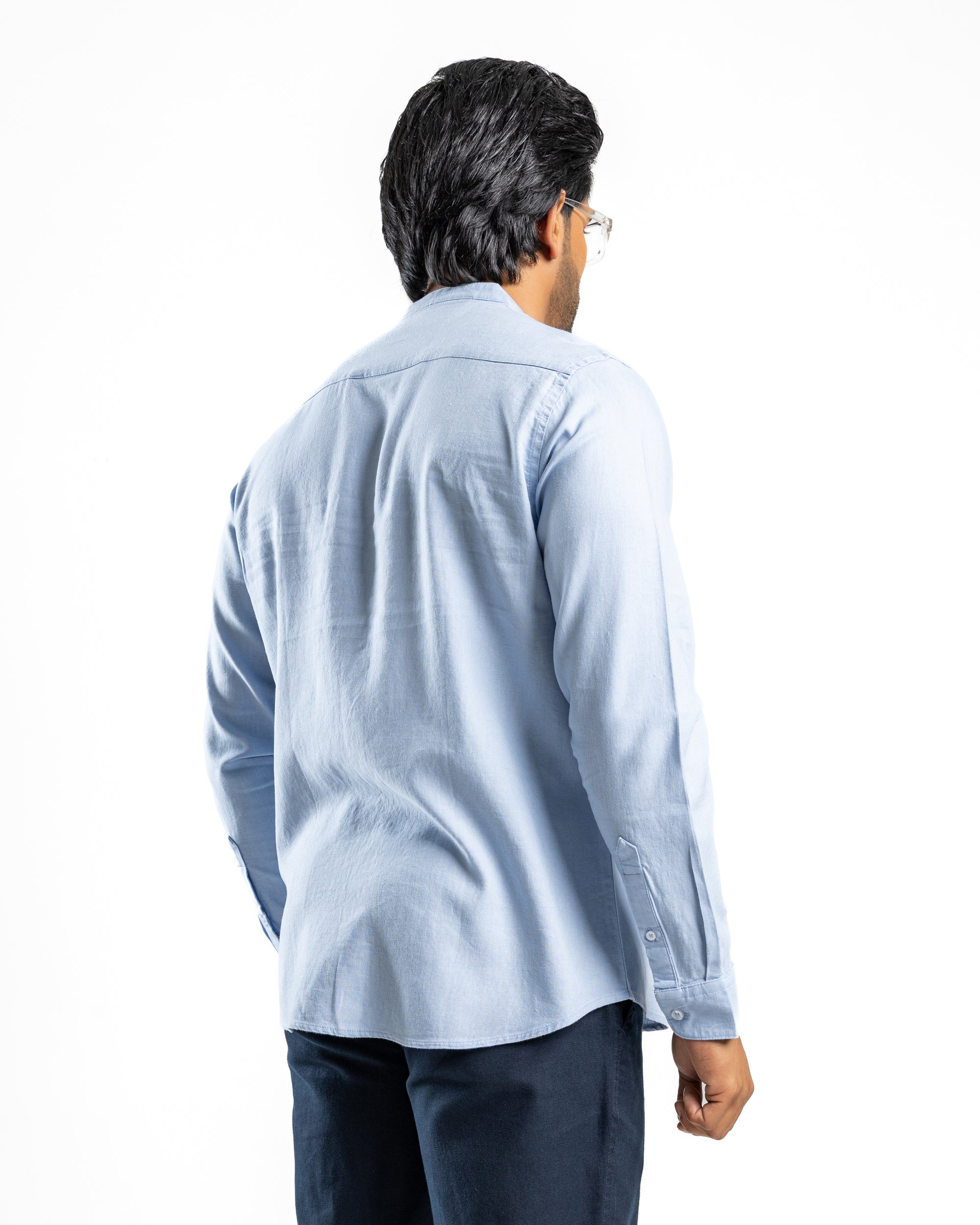 Fluid Linen Chinese Collar Shirt - Glacial Blue