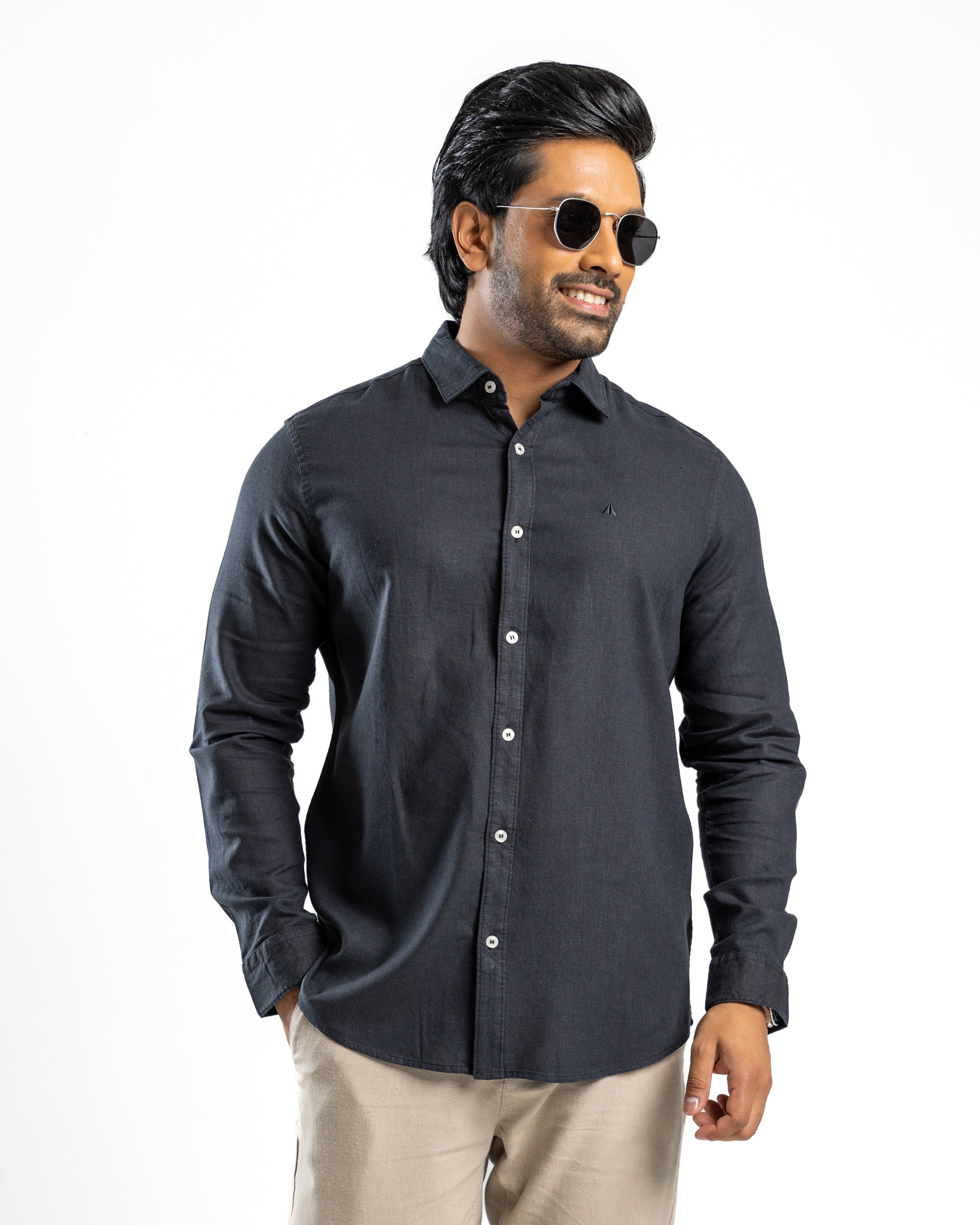 VISCOSE LINEN Long Sleeve Shirt - Midnight Black