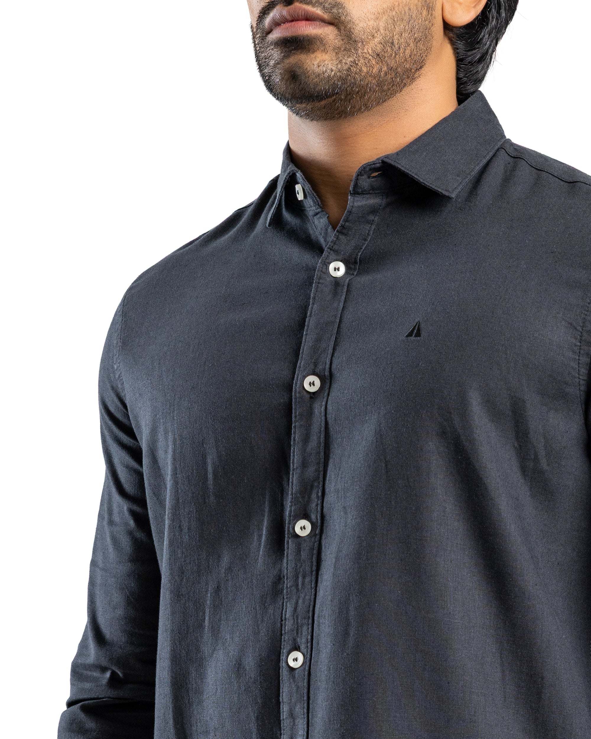 Viscose Linen Blend Long Sleeve Shirt | Midnight Black