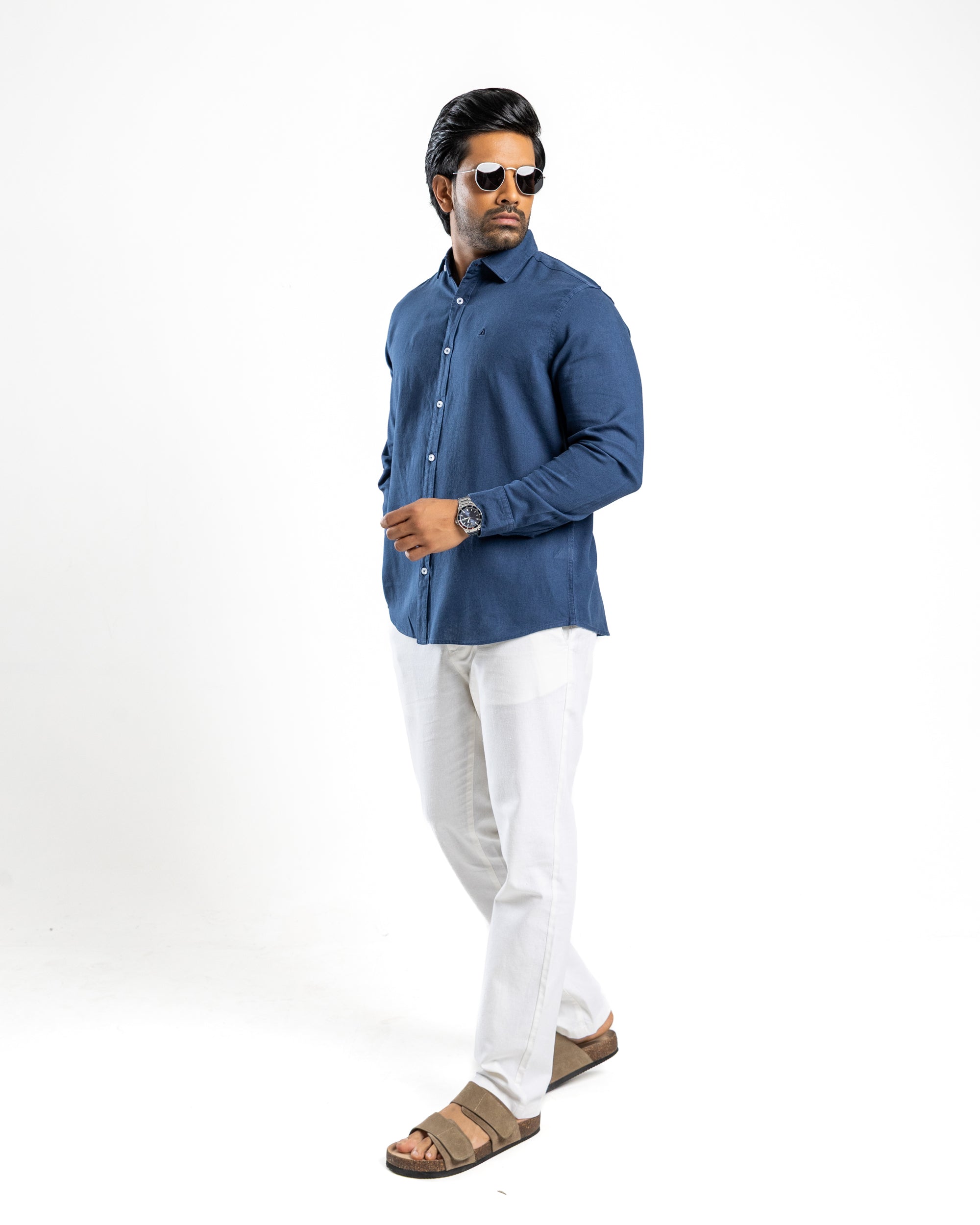 VISCOSE LINEN Long Sleeve Shirt - Deep Ocean Navy