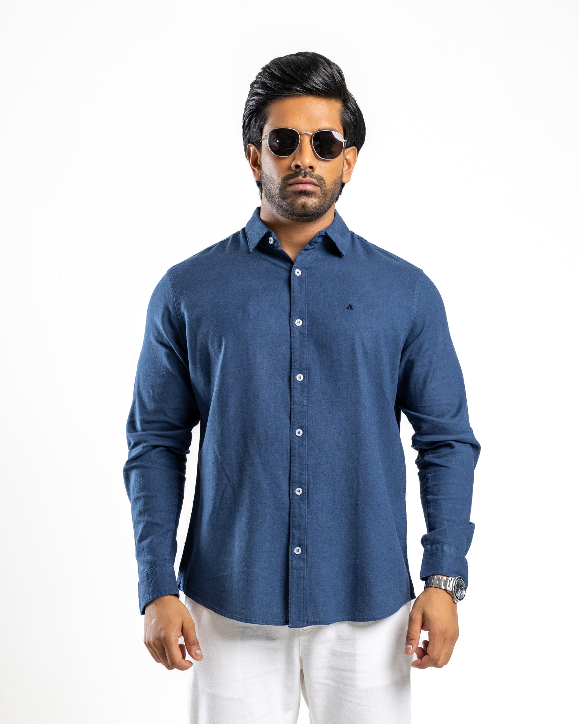 VISCOSE LINEN Long Sleeve Shirt - Deep Ocean Navy
