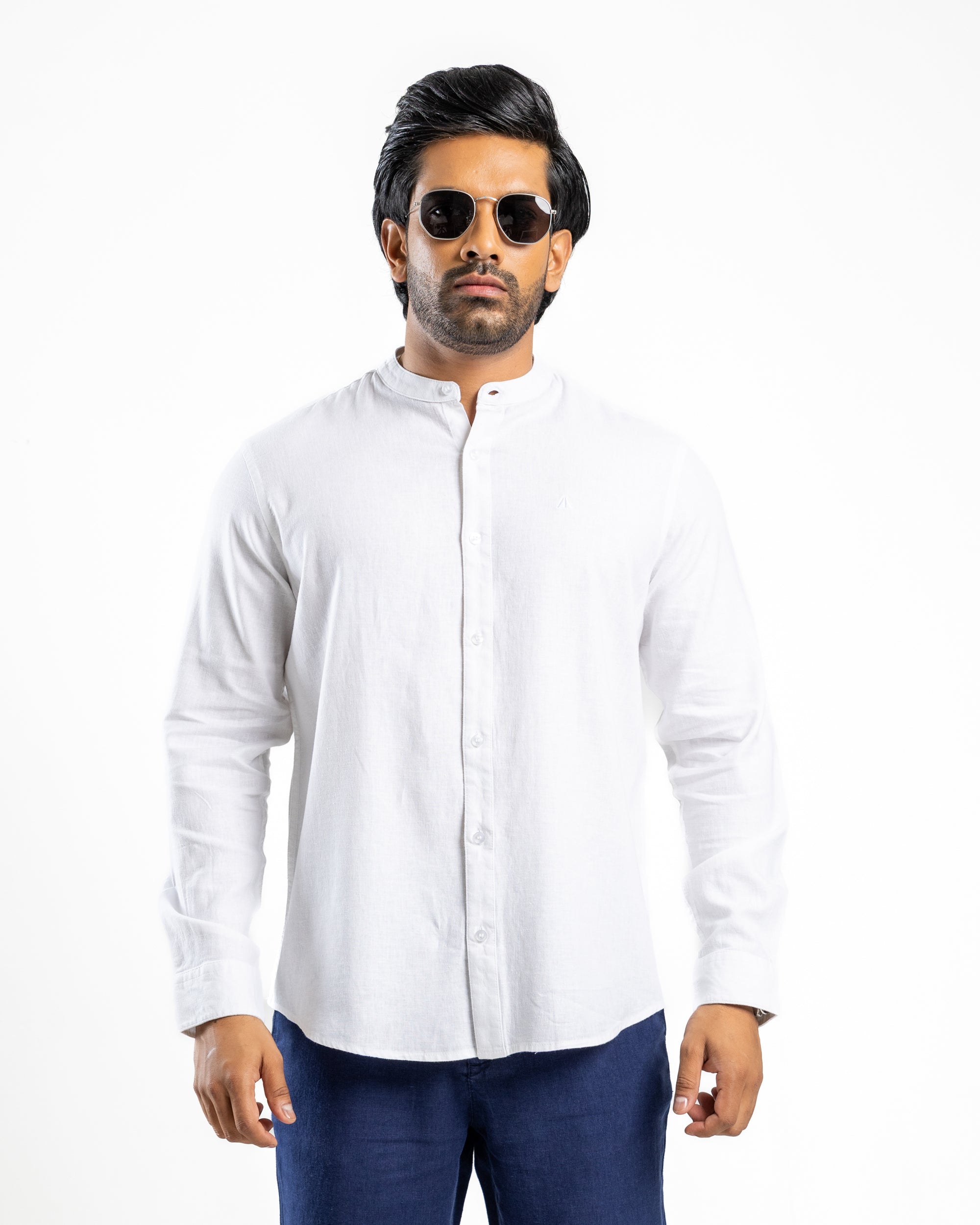 VISCOSE LINEN Long Sleeve Chinese Collar Shirt - Pure Alpine White