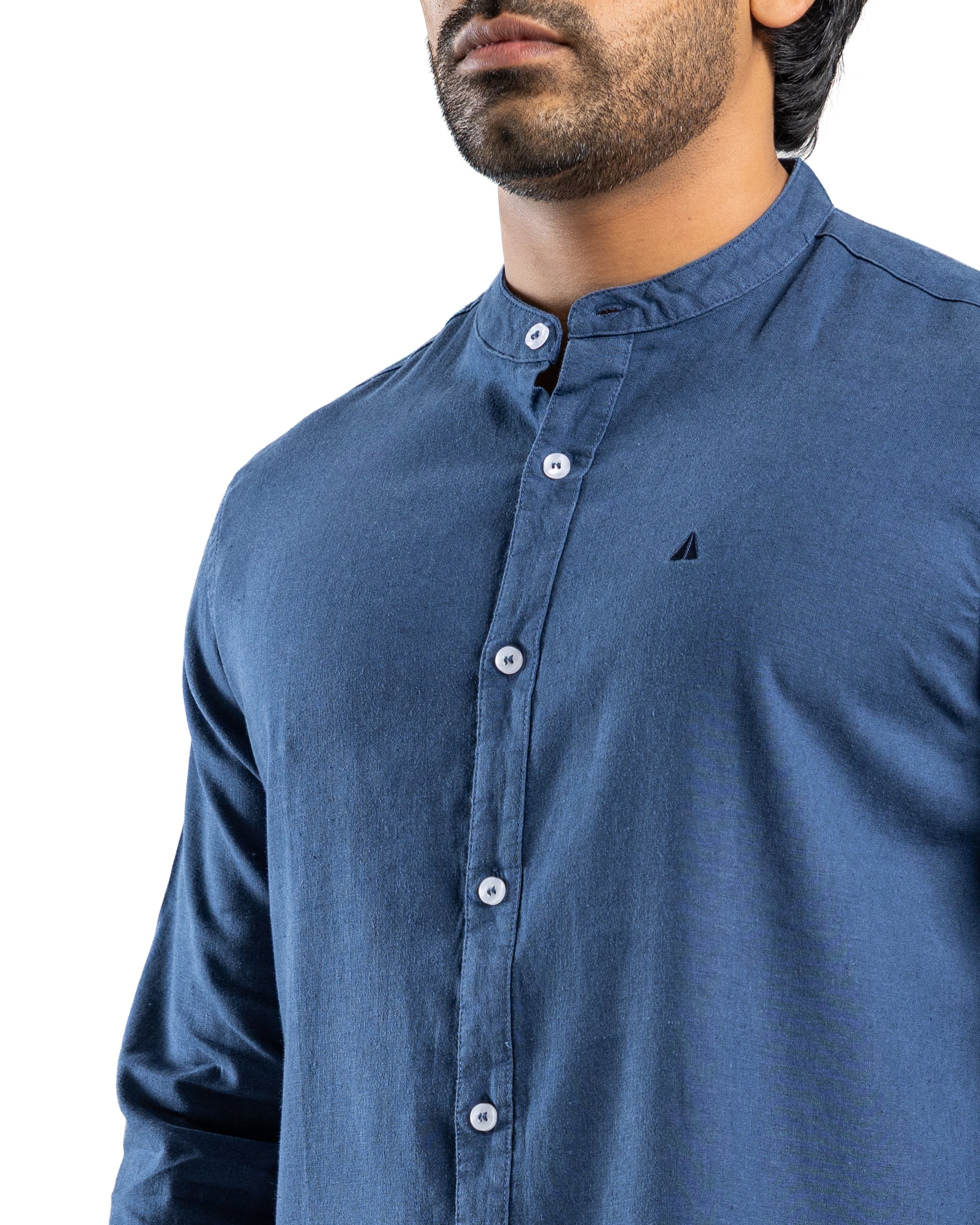VISCOSE LINEN Long Sleeve Chinese Collar Shirt - Deep Ocean Navy