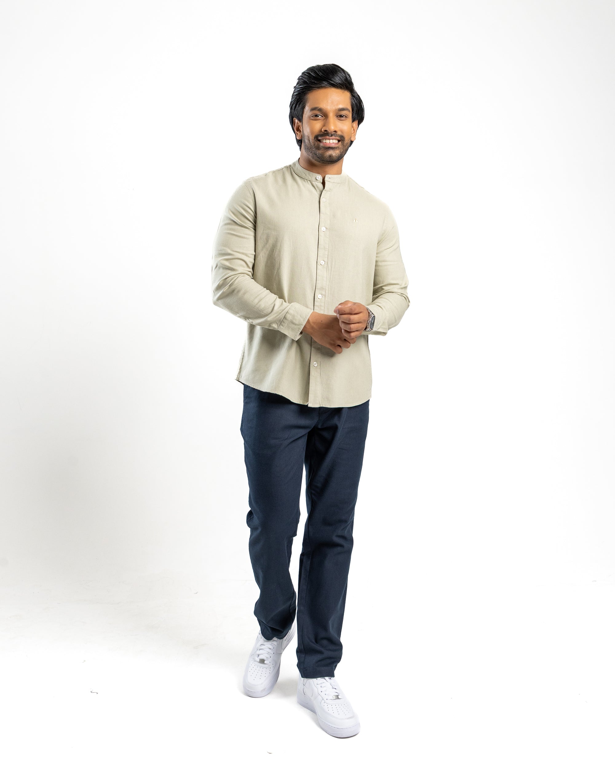AnationZ Fluid Linen Chinese Collar Shirt - Sage Breeze Sri Lanka
