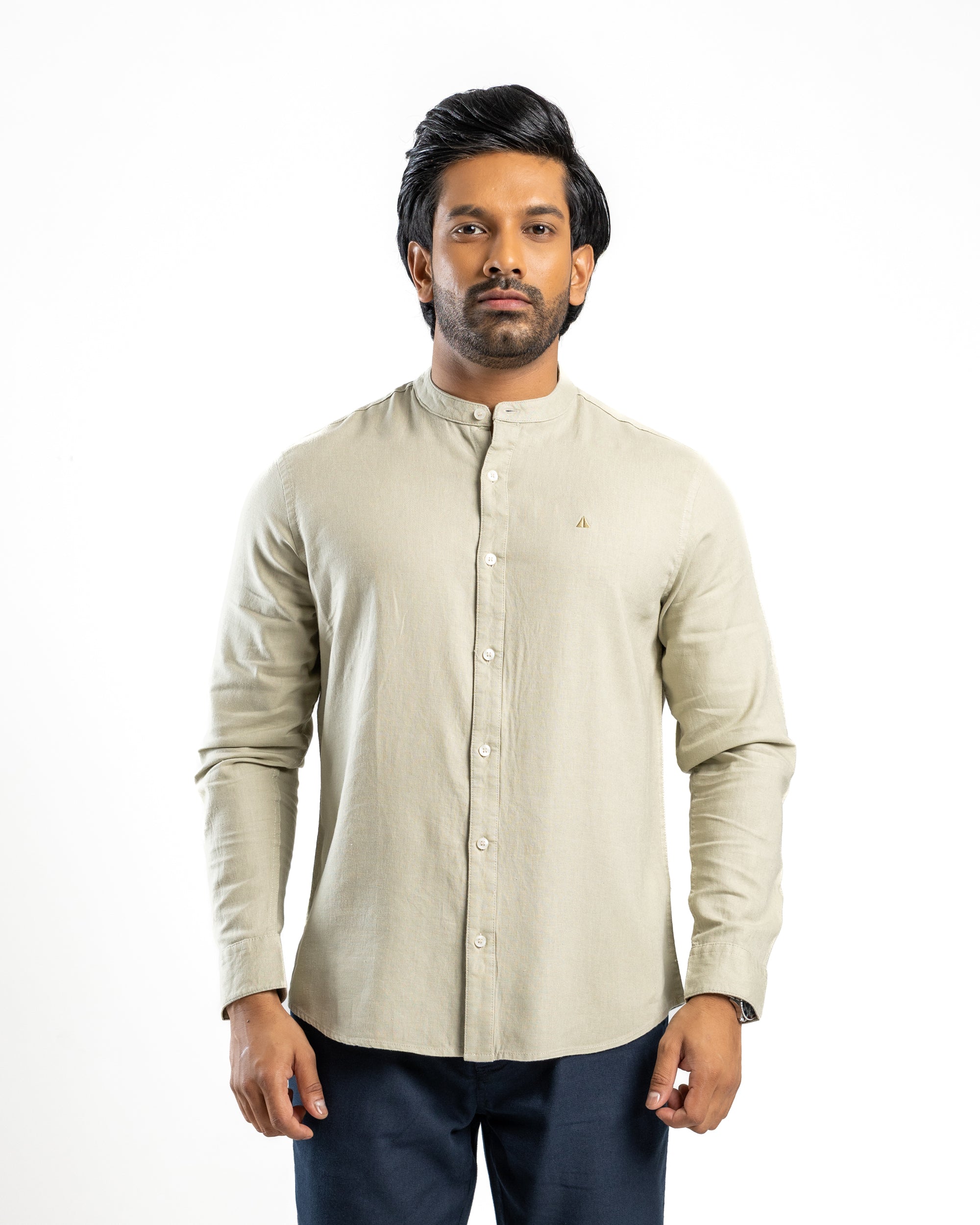 VISCOSE LINEN Long Sleeve Chinese Collar Shirt - Light Green