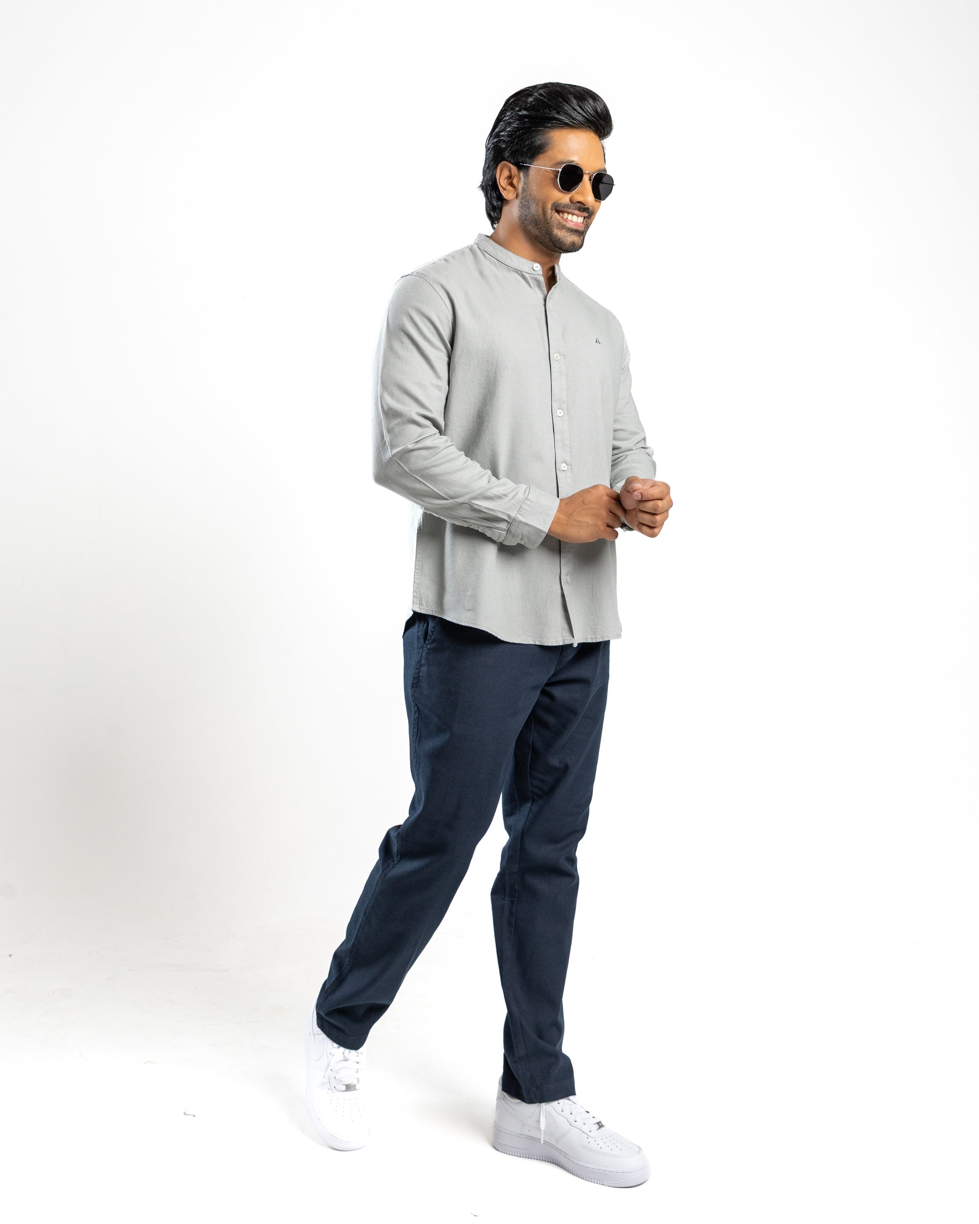 VISCOSE LINEN Long Sleeve Chinese Collar Shirt -  Light Grey