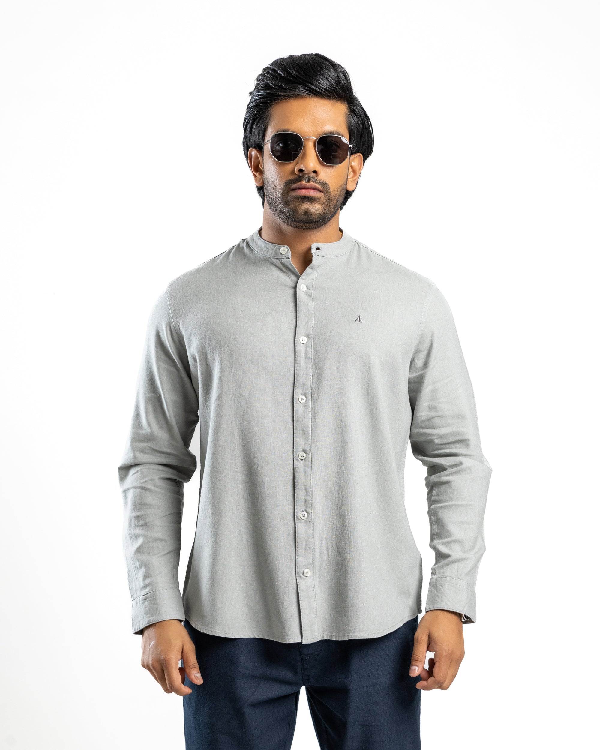 VISCOSE LINEN Long Sleeve Chinese Collar Shirt -  Light Grey
