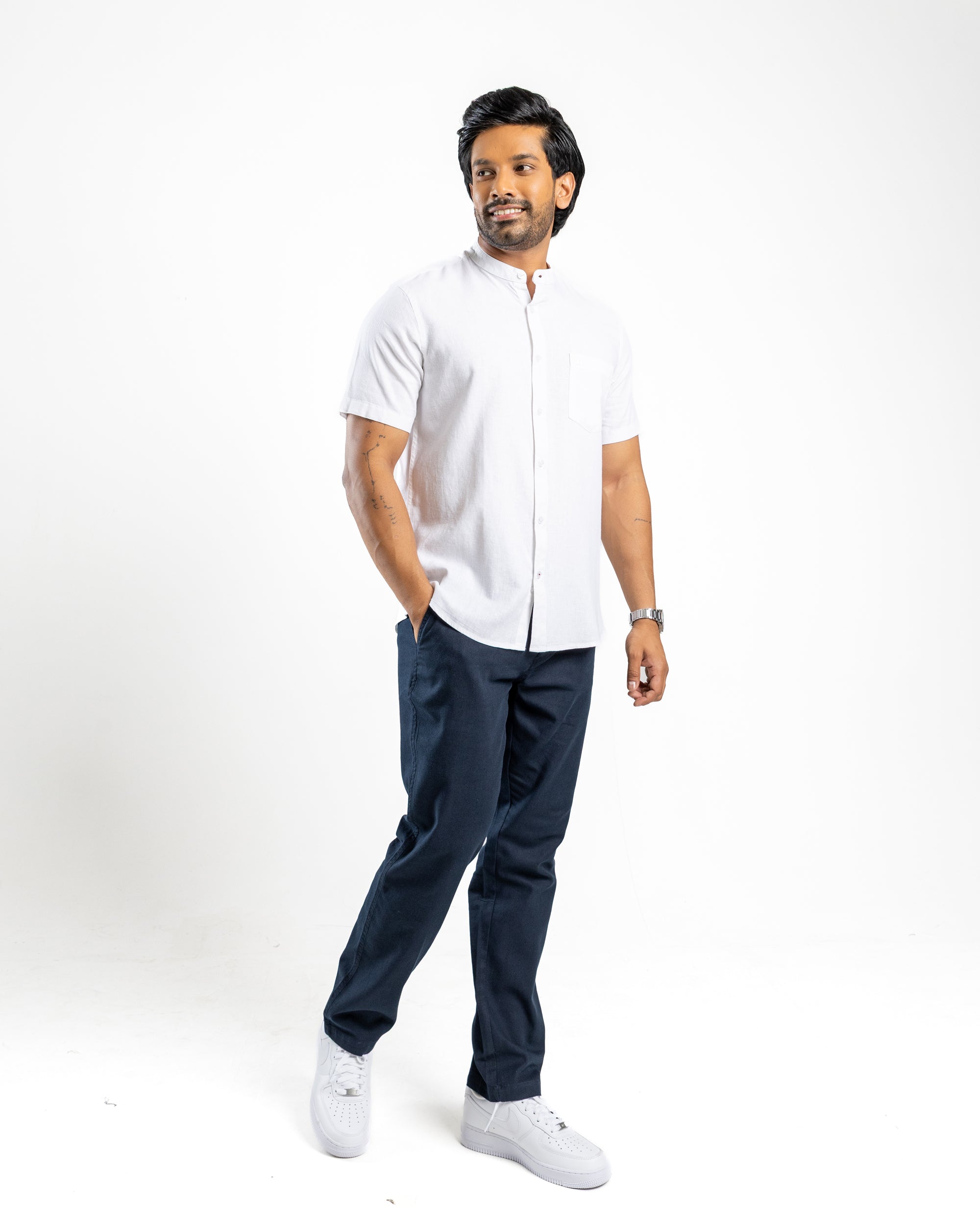 AnationZ Fluid Linen Chinese Collar Shirt - Alpine White Sri Lanka
