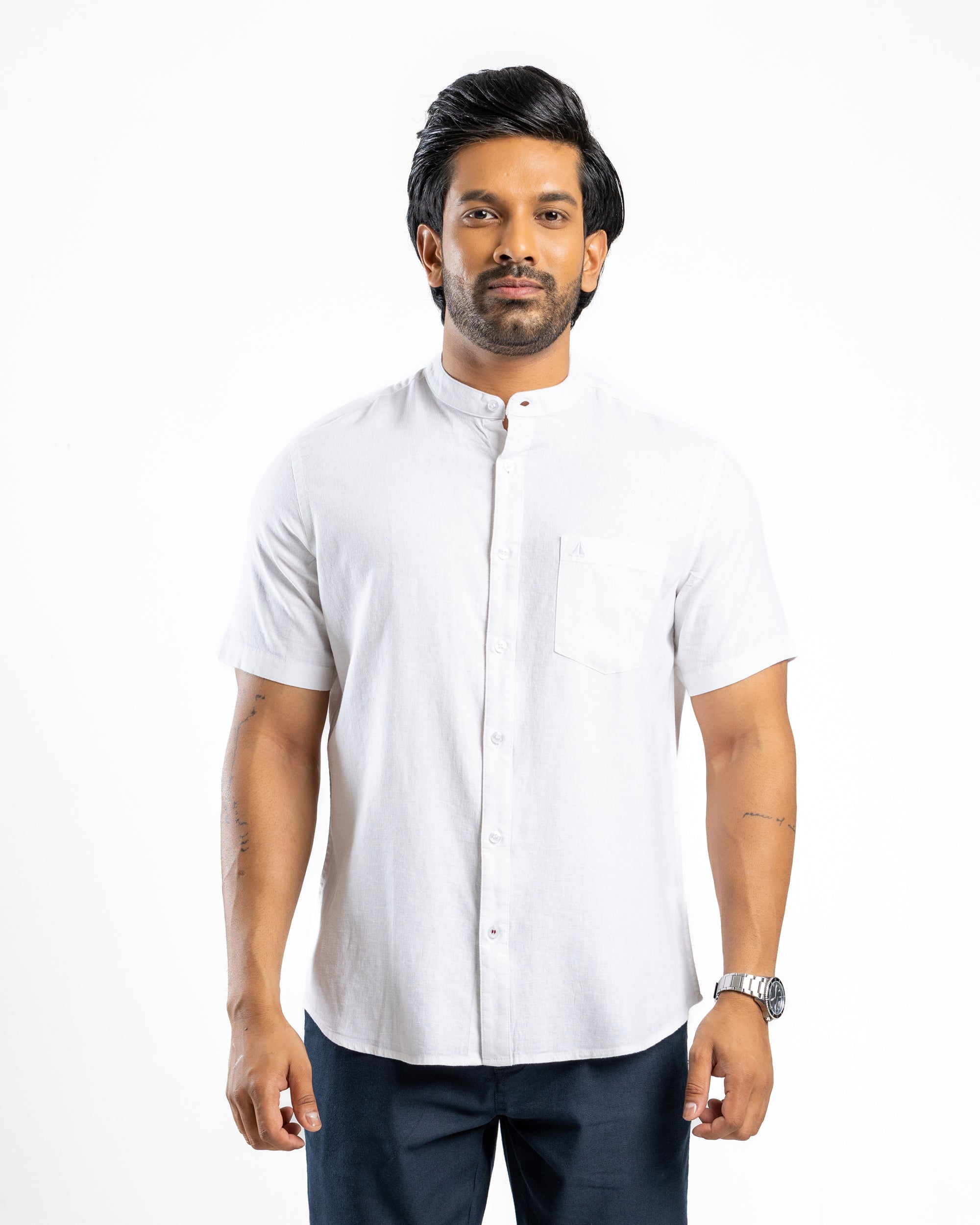 AnationZ Fluid Linen Chinese Collar Shirt - Alpine White Sri Lanka
