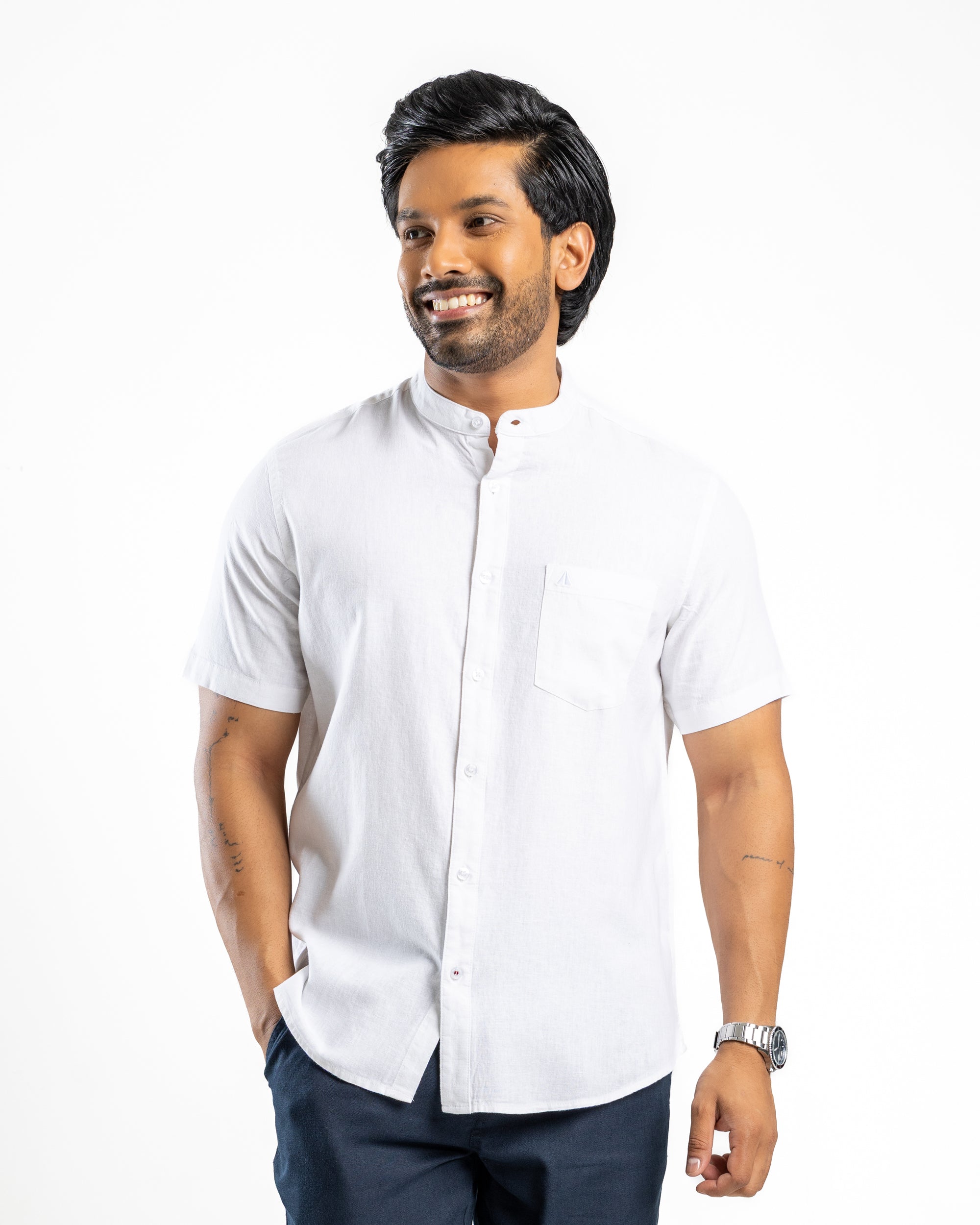 AnationZ Fluid Linen Chinese Collar Shirt - Alpine White Sri Lanka
