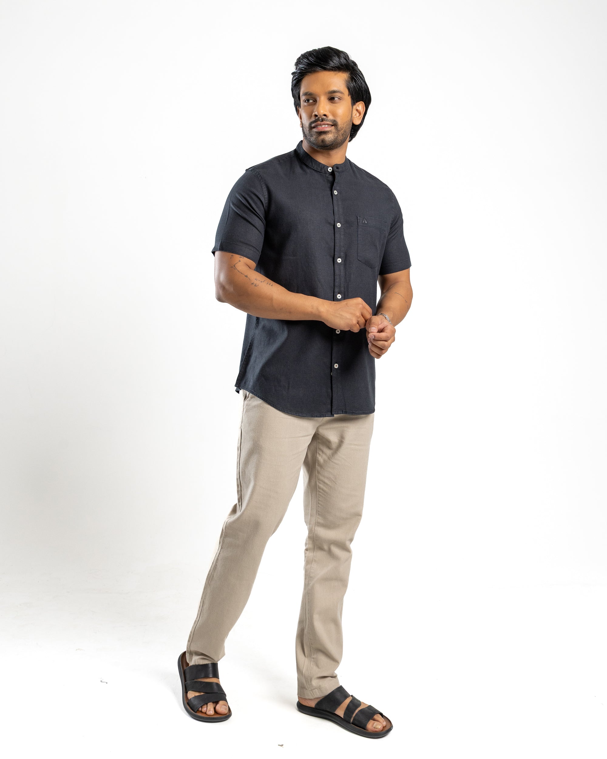 AnationZ Fluid Linen Chinese Collar Shirt - Midnight Onyx Sri Lanka
