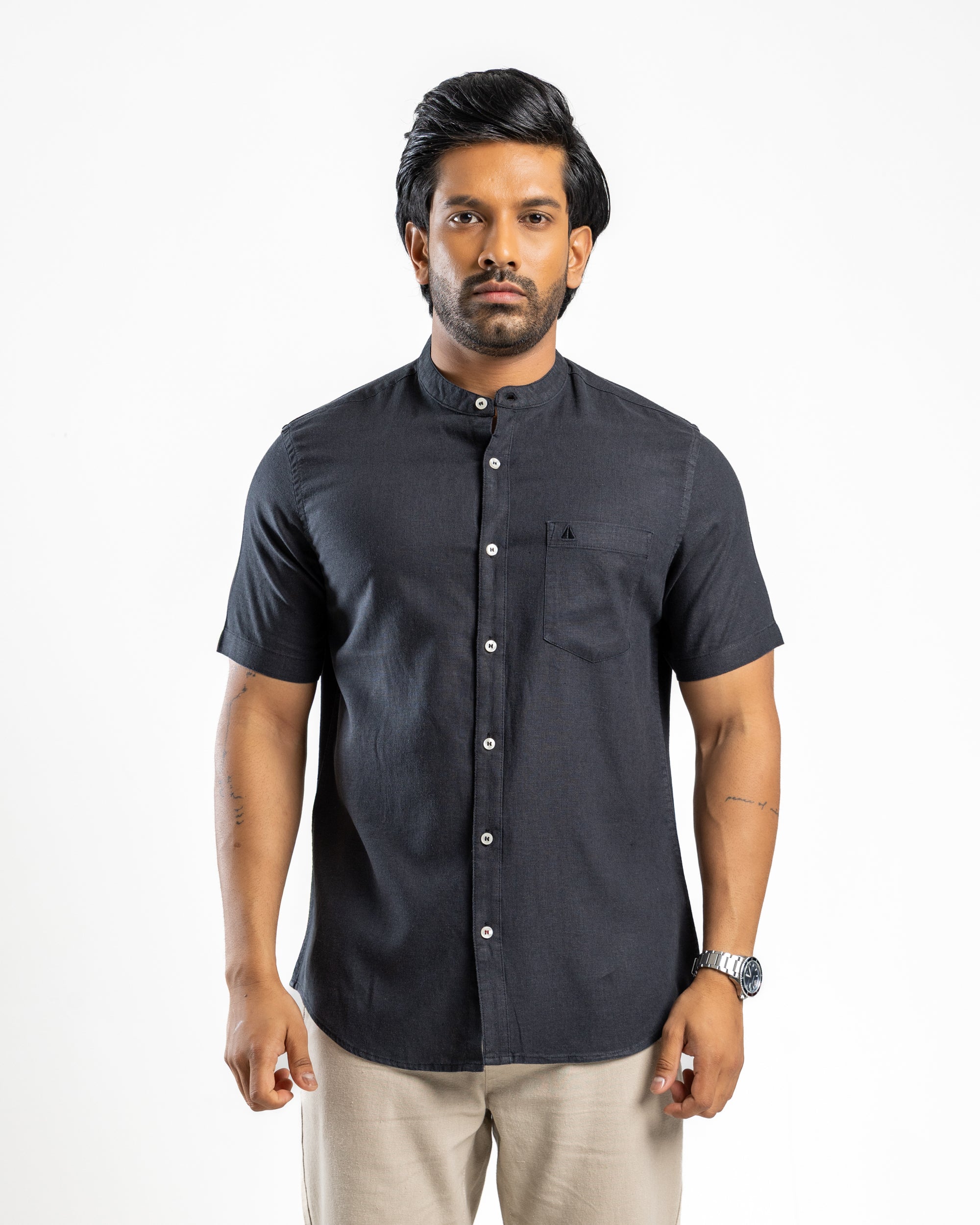 AnationZ Fluid Linen Chinese Collar Shirt - Midnight Onyx Sri Lanka
