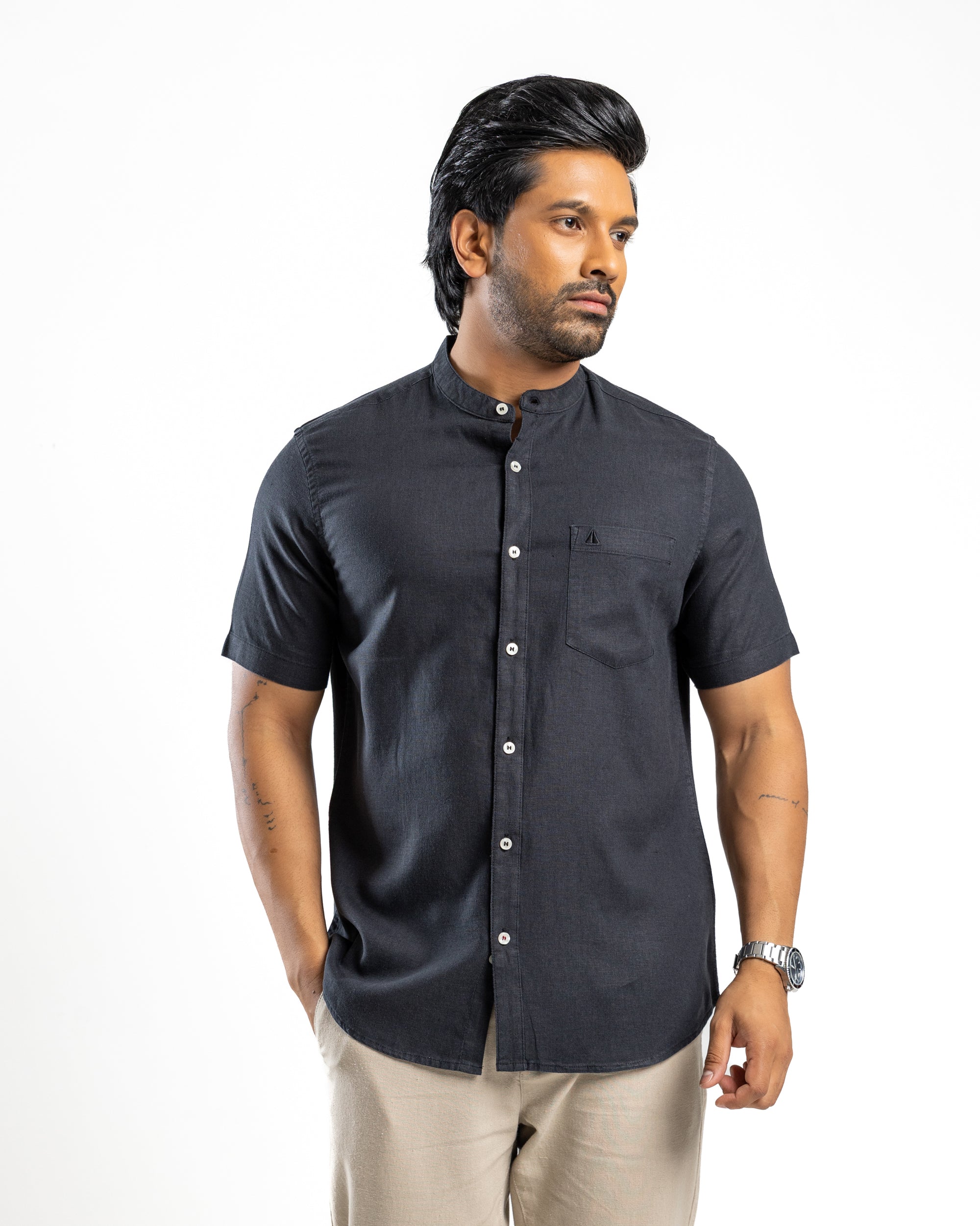 AnationZ Fluid Linen Chinese Collar Shirt - Midnight Onyx Sri Lanka
