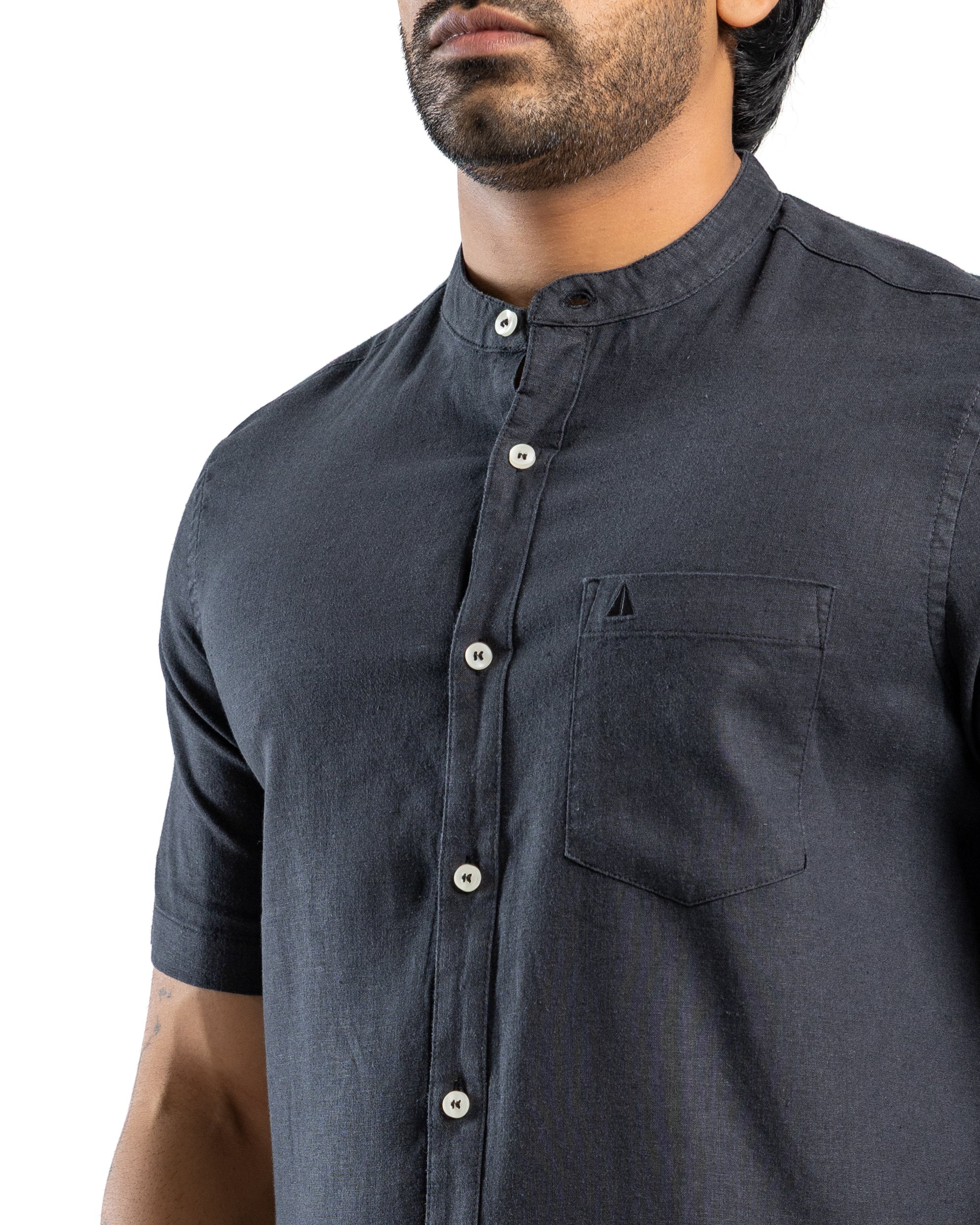 AnationZ Fluid Linen Chinese Collar Shirt - Midnight Onyx Sri Lanka
