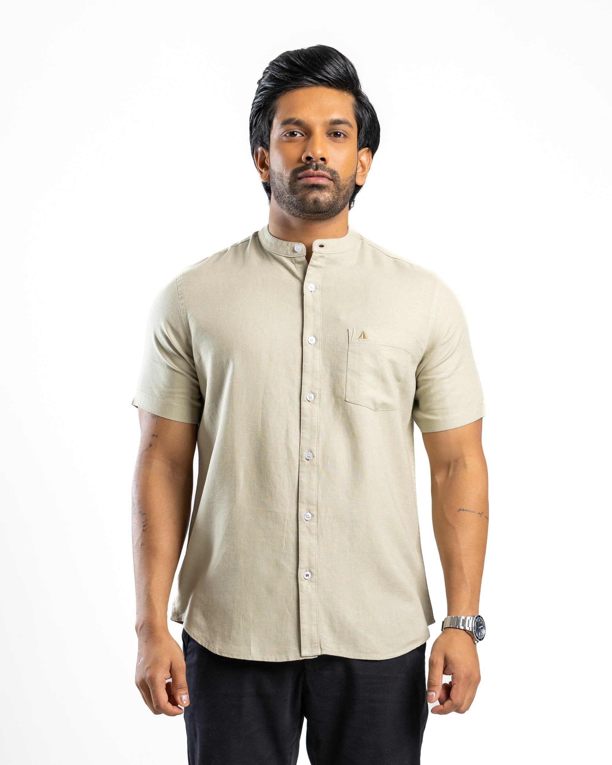 AnationZ Fluid Linen Chinese Collar Shirt - Sage Breeze Sri Lanka
