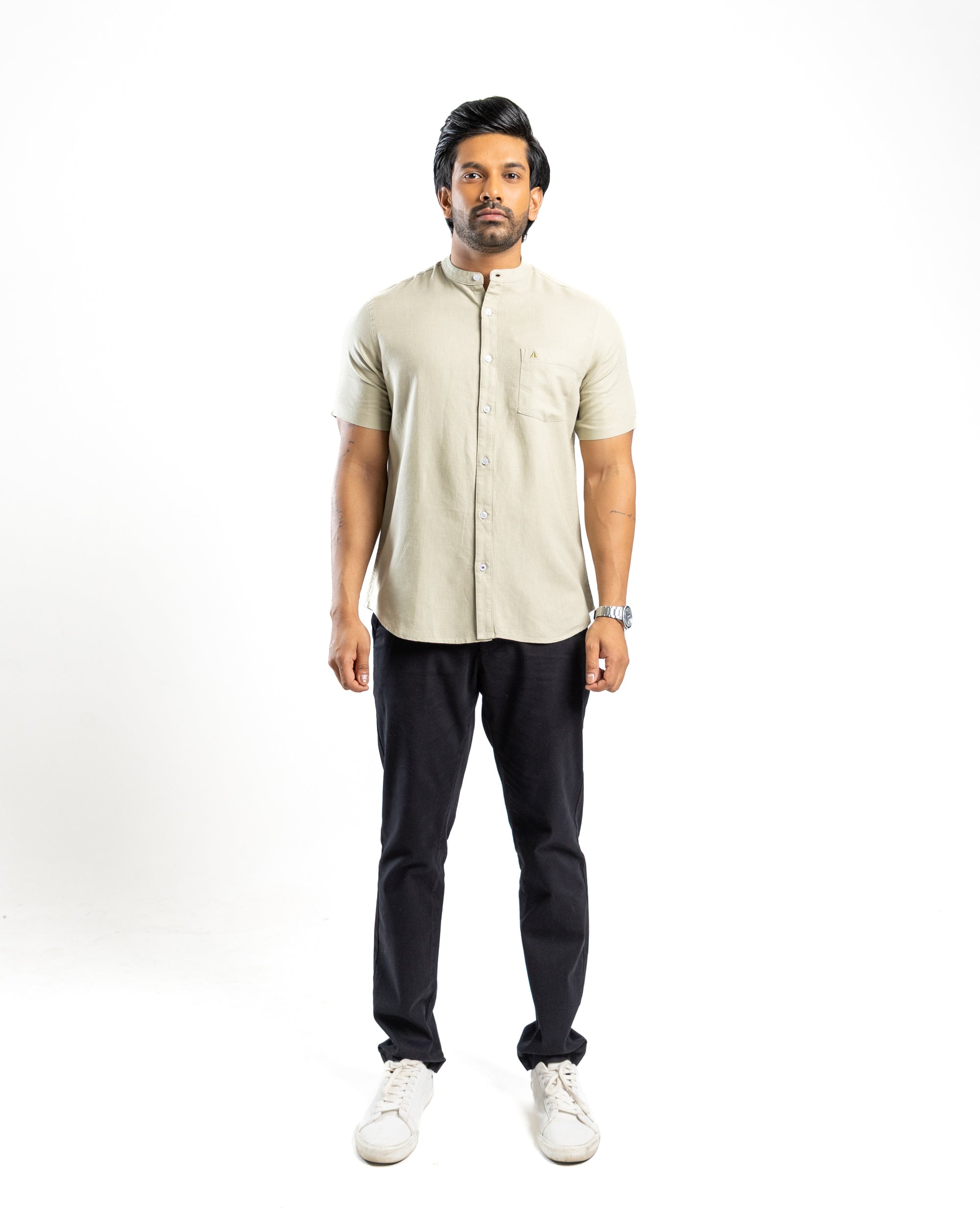 AnationZ Fluid Linen Chinese Collar Shirt - Sage Breeze Sri Lanka
