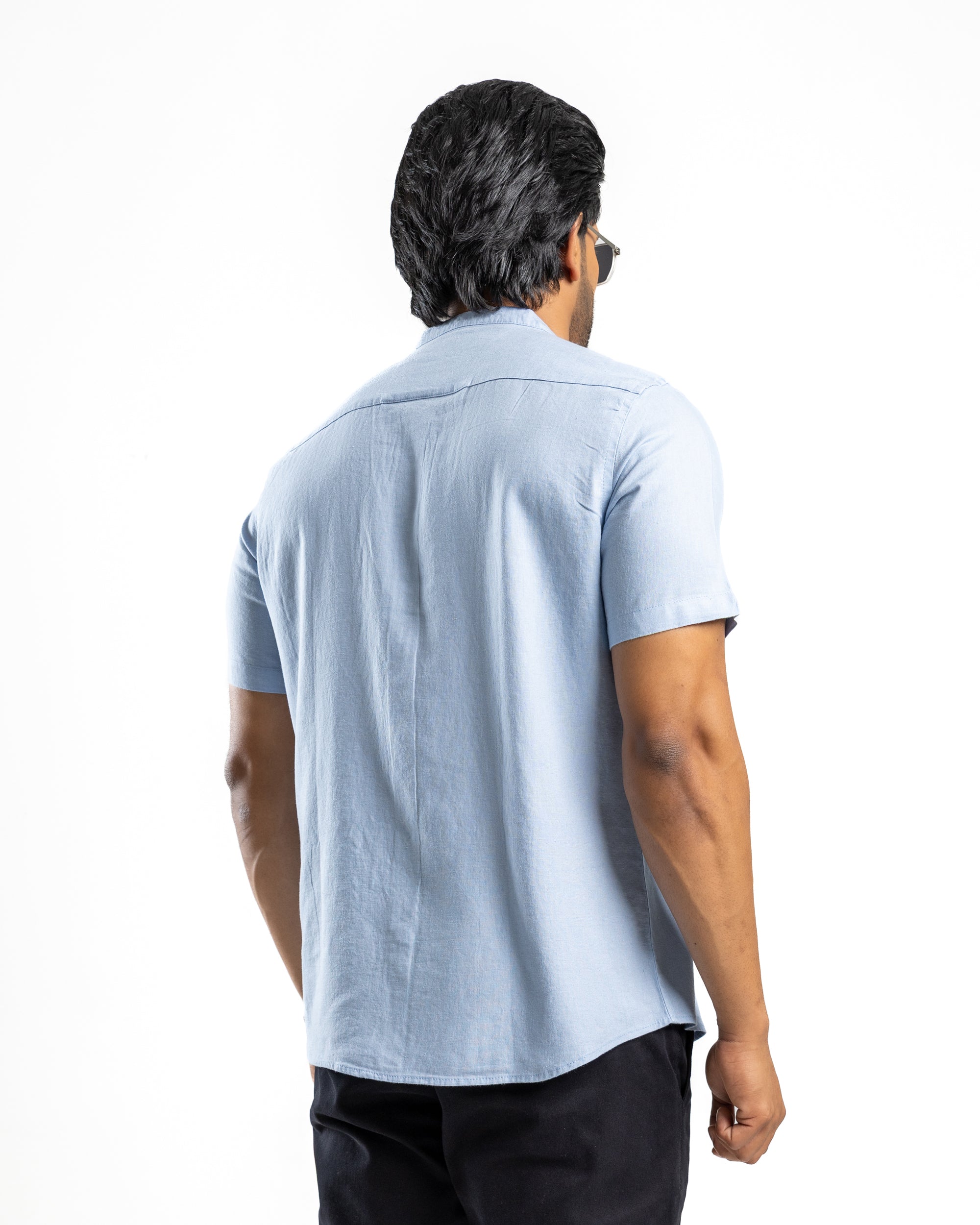 AnationZ Fluid Linen Chinese Collar Shirt - Glacial Blue Sri Lanka
