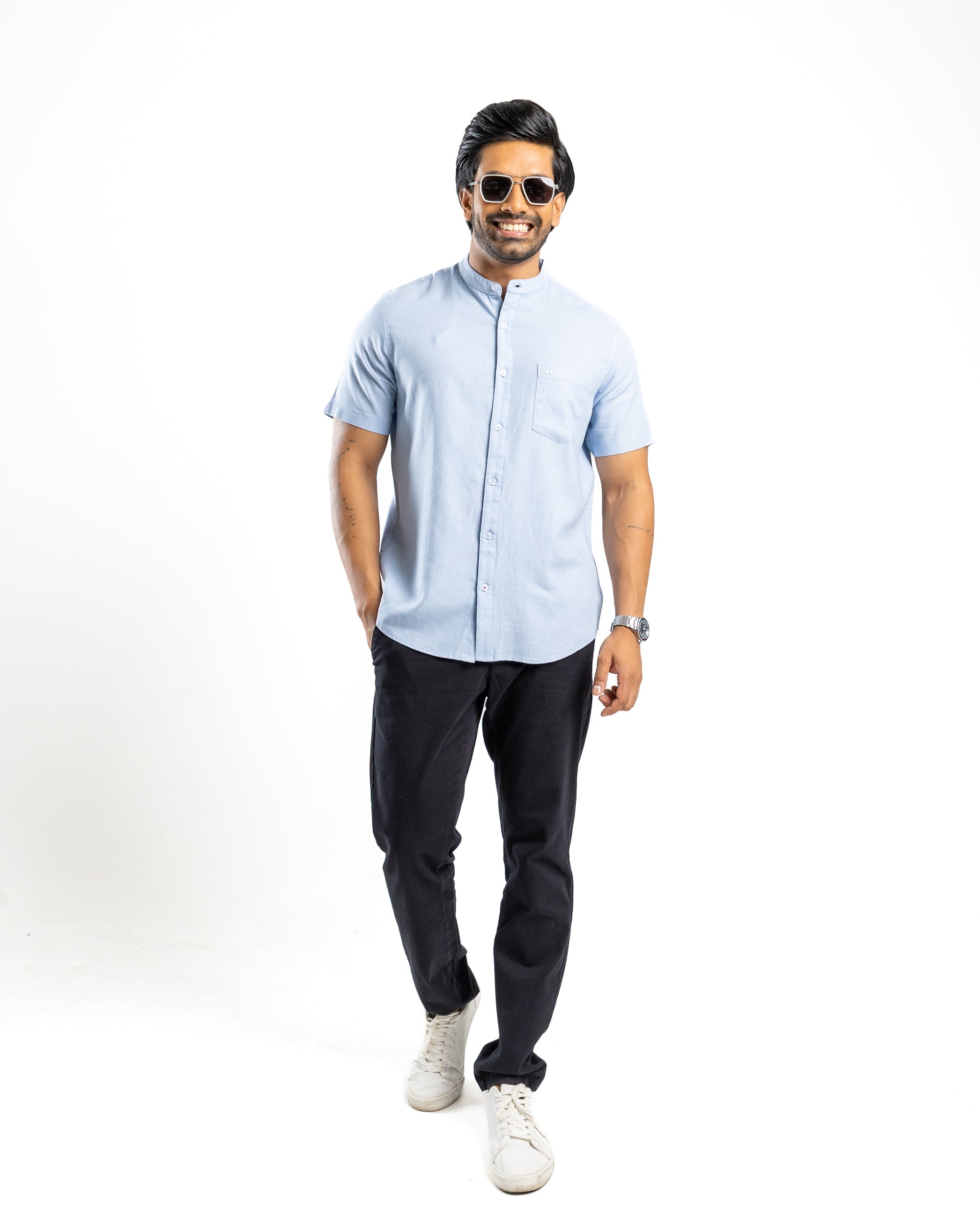 AnationZ Fluid Linen Chinese Collar Shirt - Glacial Blue Sri Lanka
