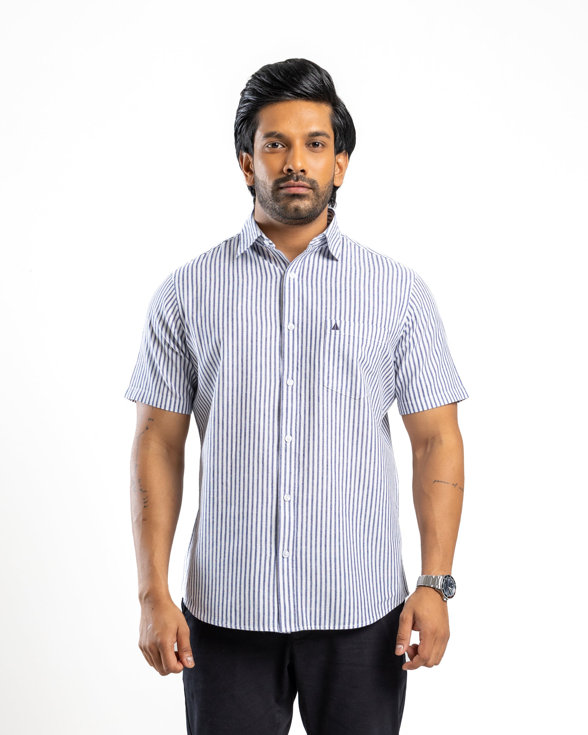 AnationZ Heritage Linen Stripe Short Sleeve Shirt - Midnight Ink Sri Lanka
