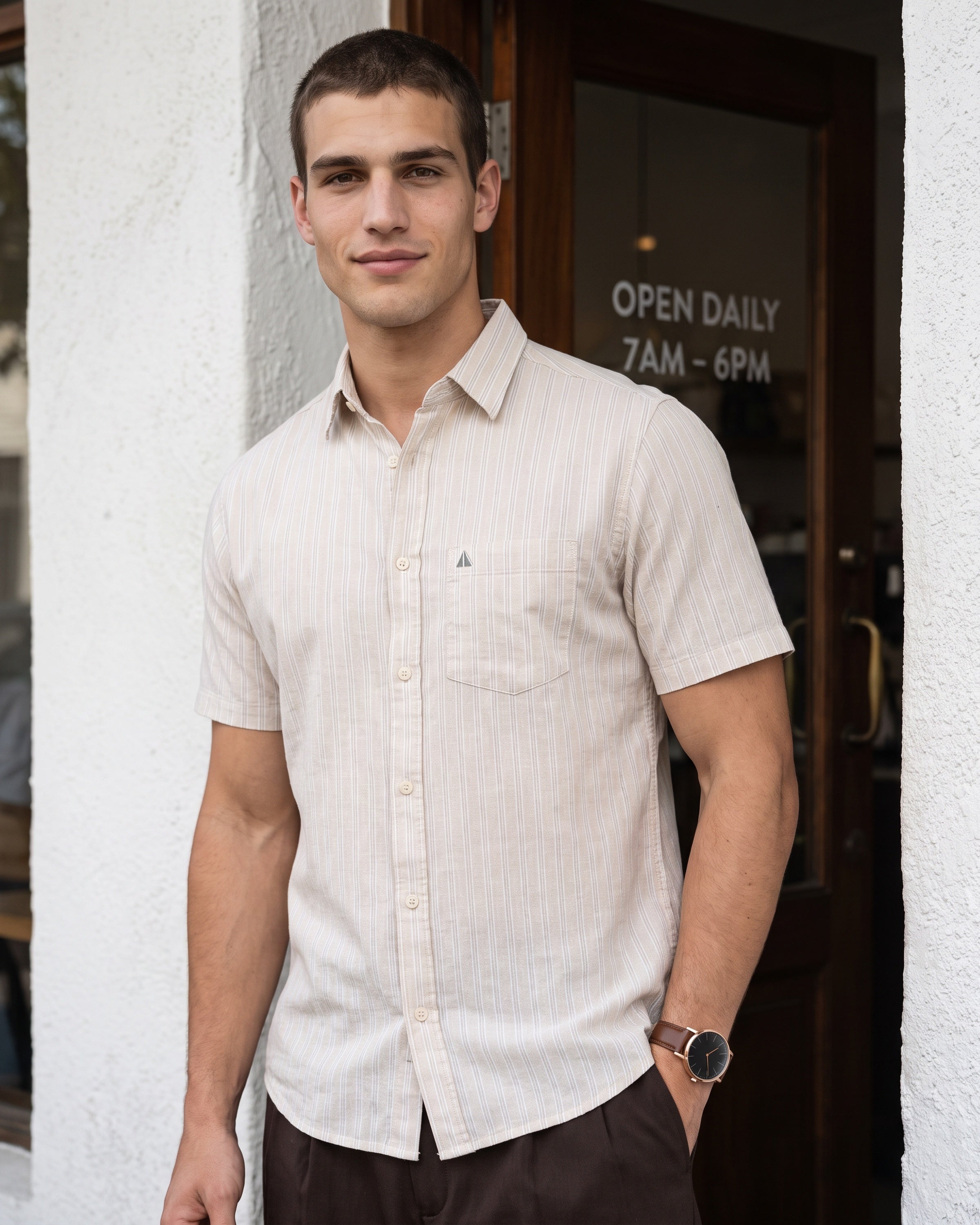 AnationZ Heritage Linen Stripe Short Sleeve Shirt - Raw Canvas Sri Lanka