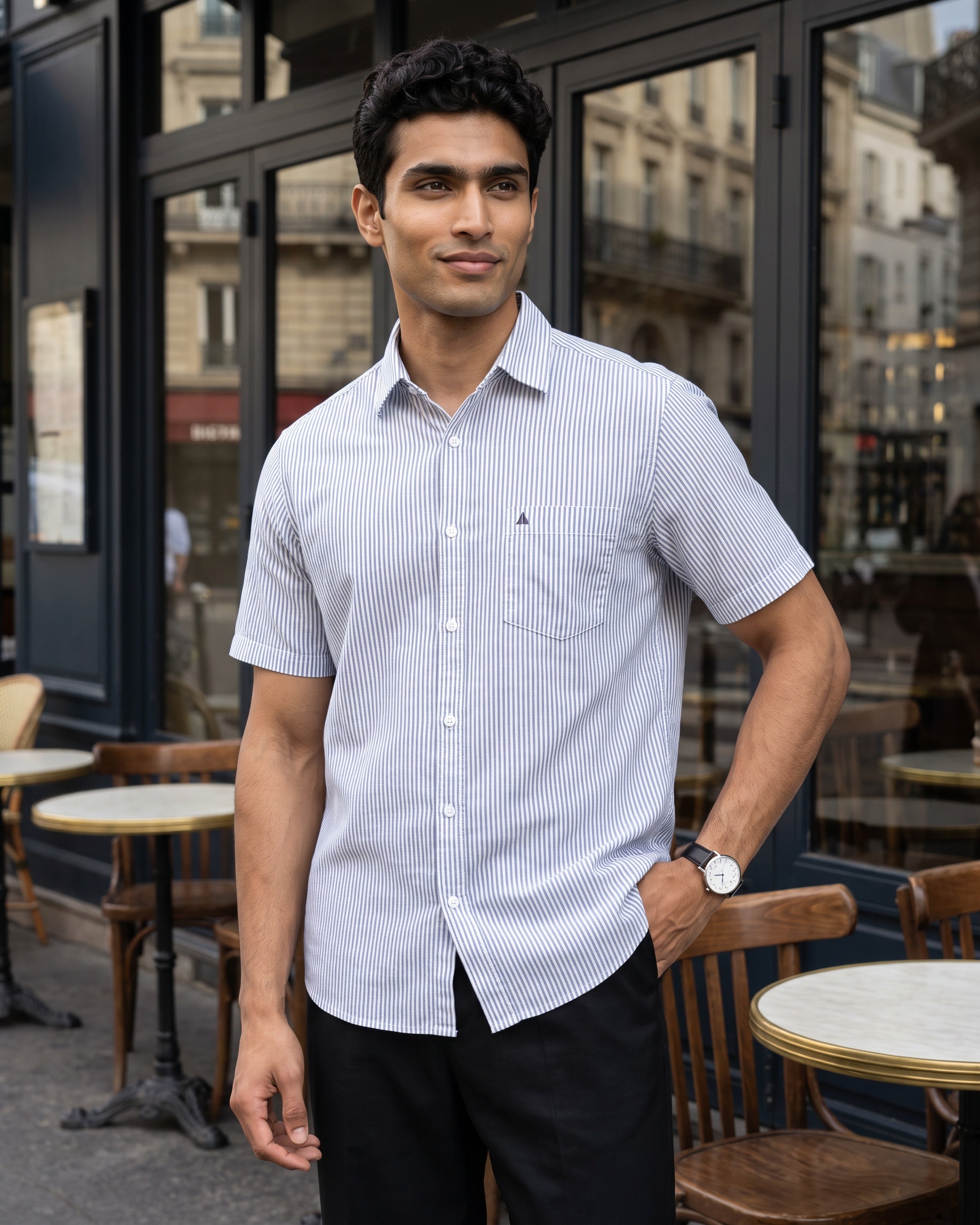 AnationZ Heritage Linen Stripe Short Sleeve Shirt - Clean White Sri Lanka