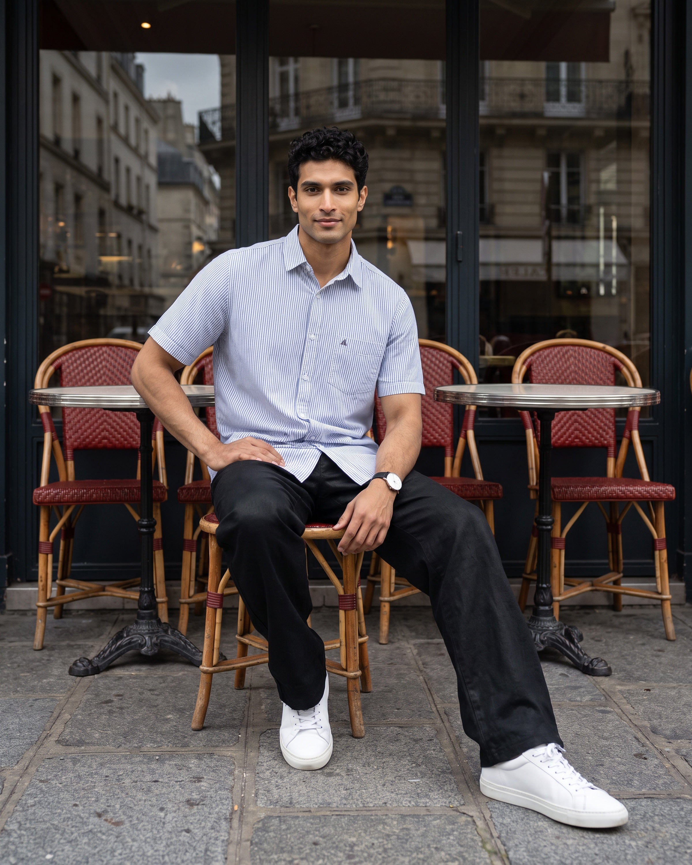 AnationZ Heritage Linen Stripe Short Sleeve Shirt - Clean White Sri Lanka