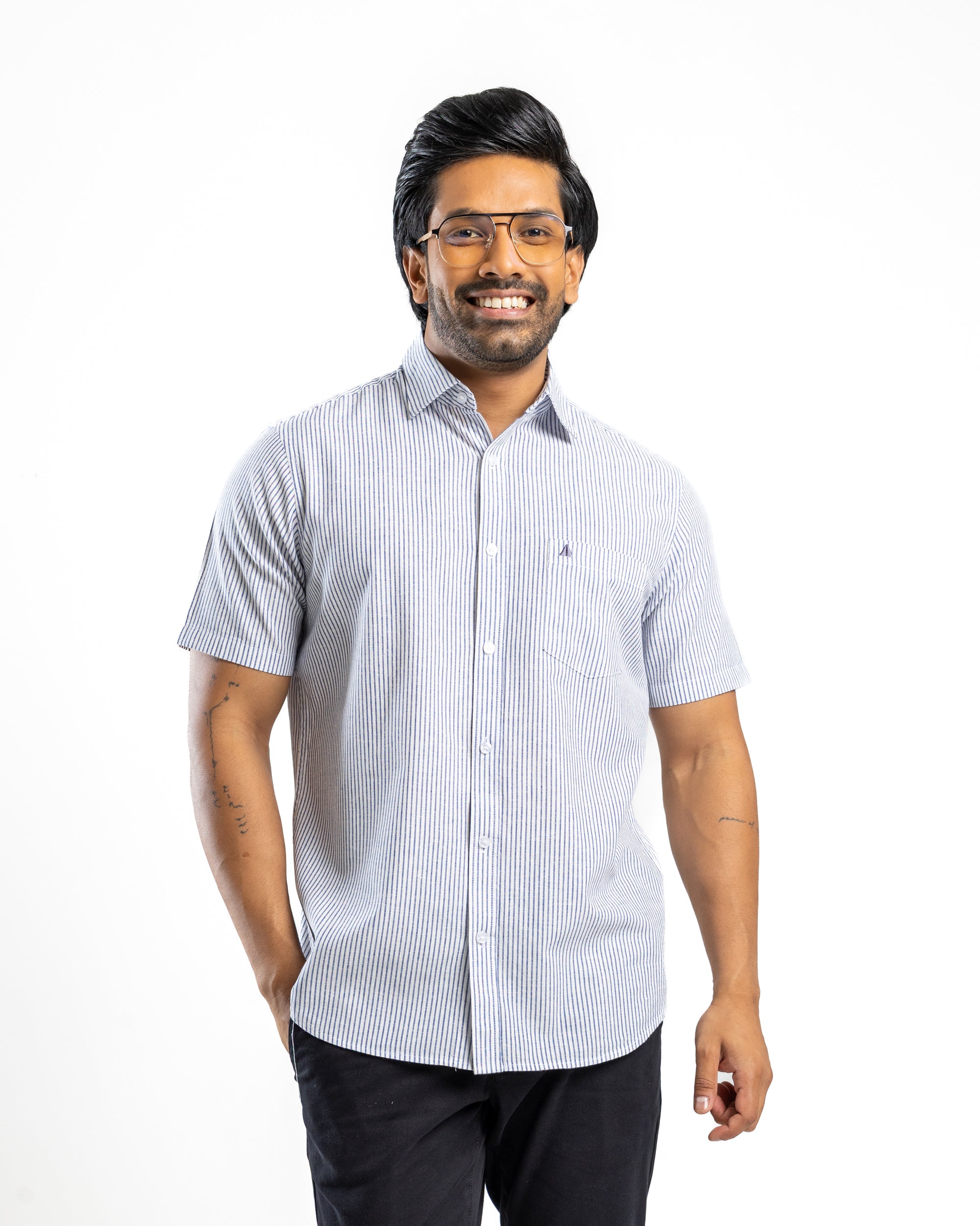 AnationZ Heritage Linen Stripe Short Sleeve Shirt - Clean White Sri Lanka

