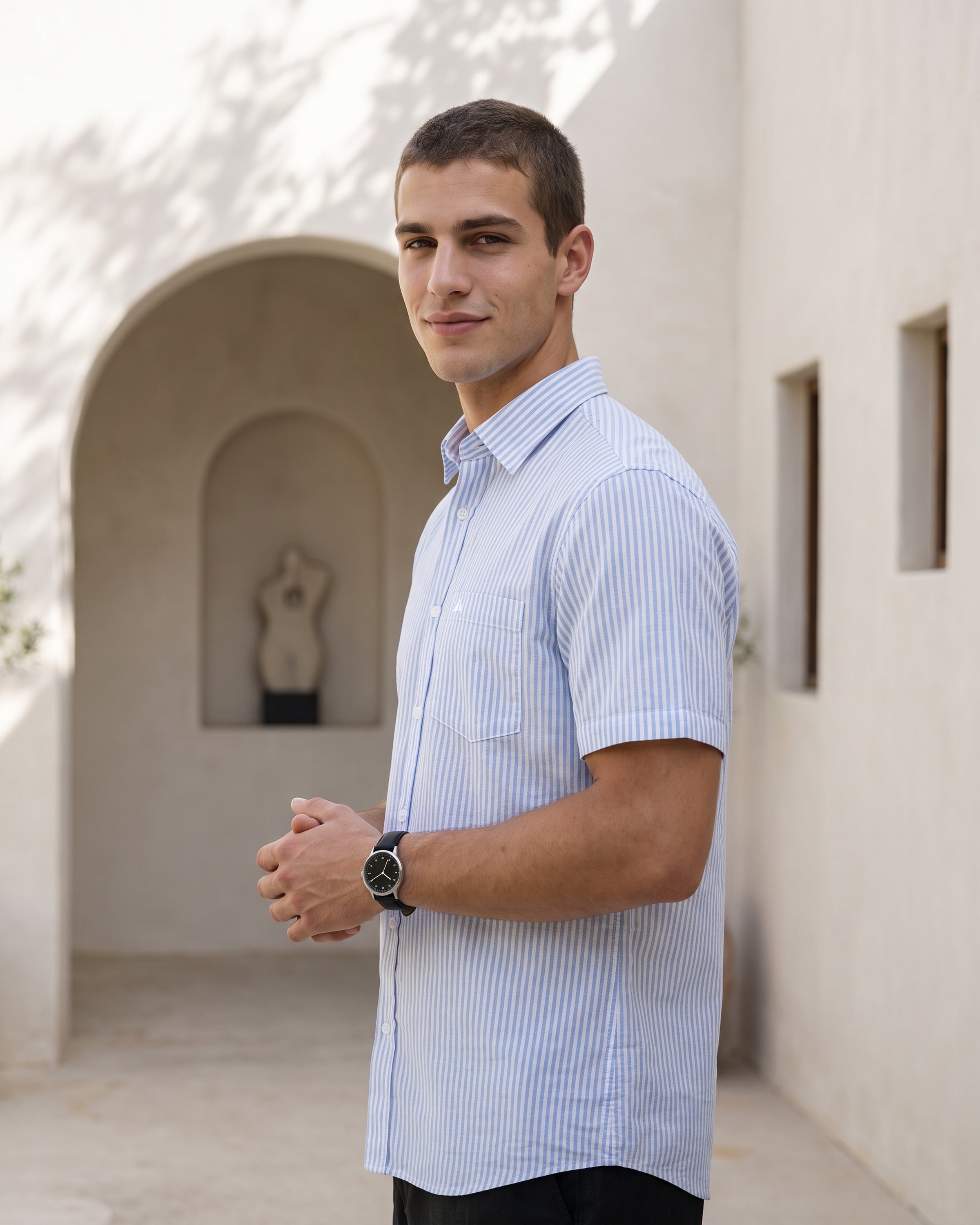 AnationZ Heritage Linen Stripe Short Sleeve Shirt - Open Sky Sri Lanka