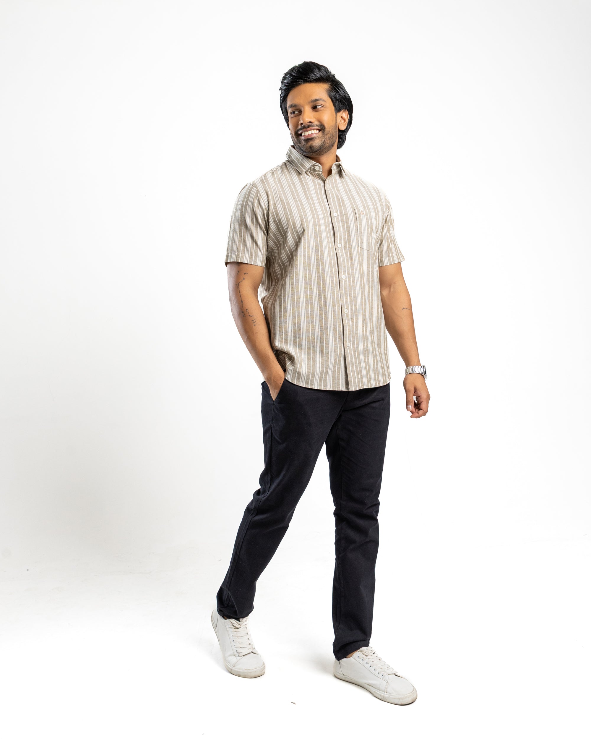 AnationZ Heritage Linen Stripe Short Sleeve Shirt - Moss Reserve Sri Lanka
