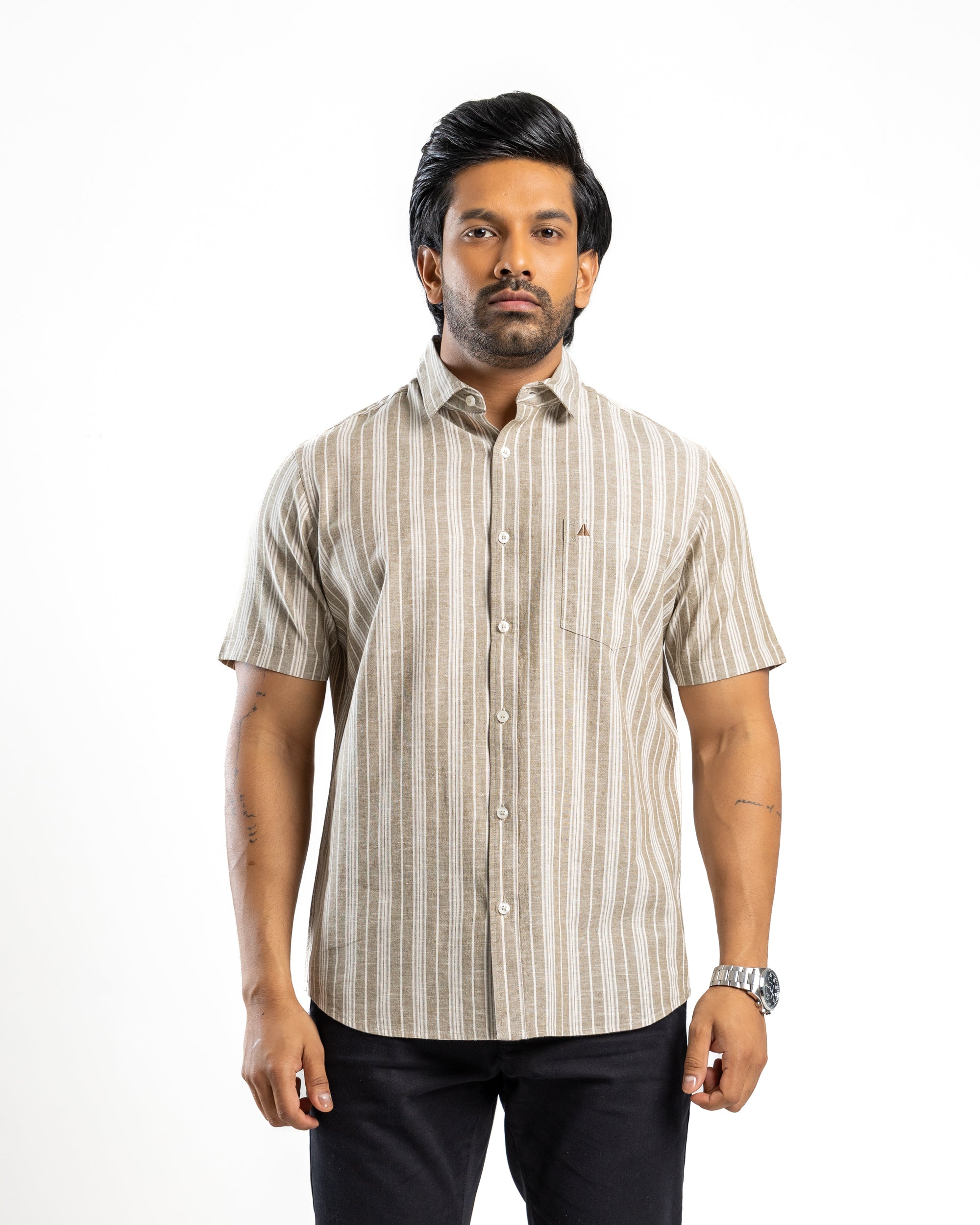 AnationZ Heritage Linen Stripe Short Sleeve Shirt - Moss Reserve Sri Lanka

