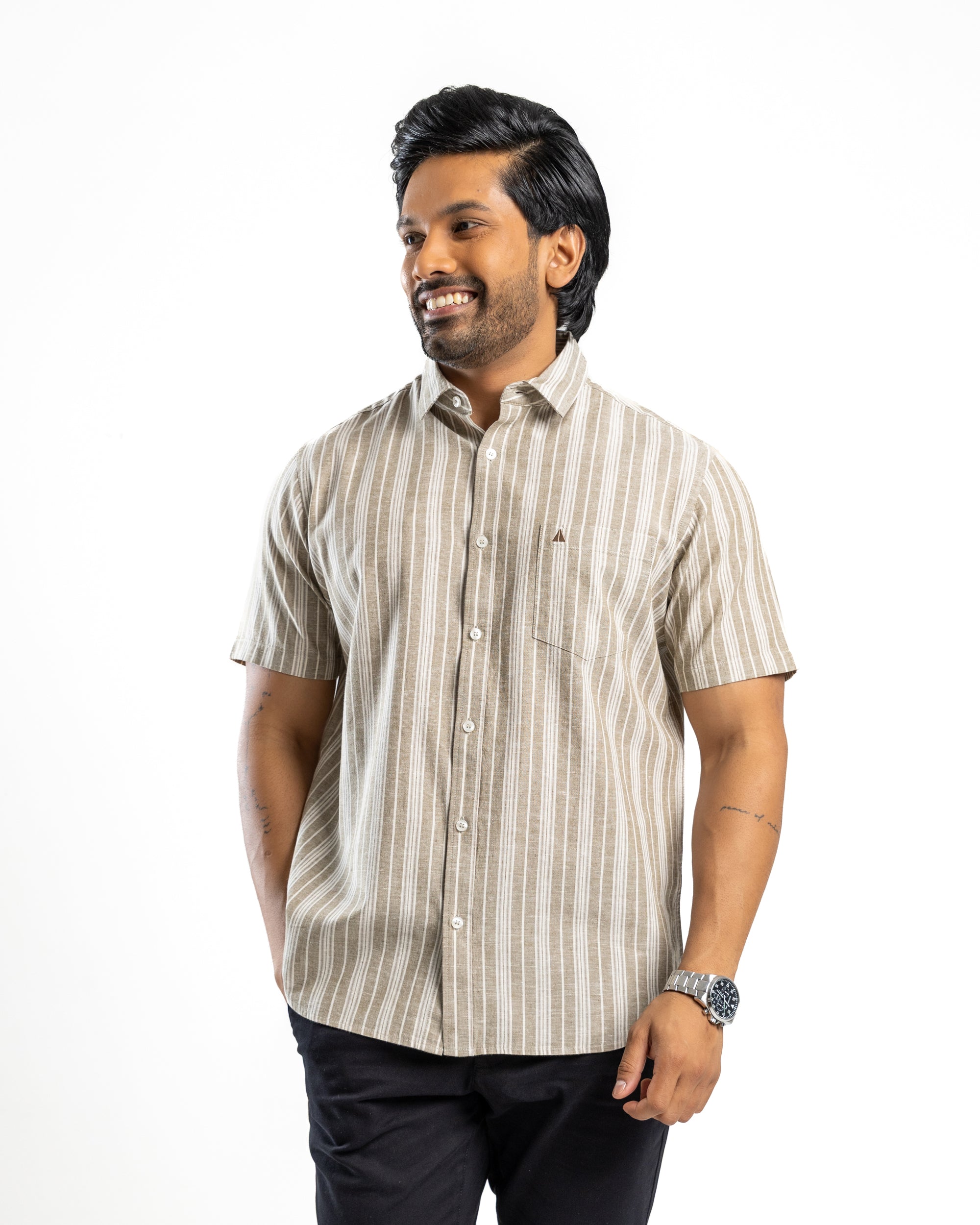 AnationZ Heritage Linen Stripe Short Sleeve Shirt - Moss Reserve Sri Lanka

