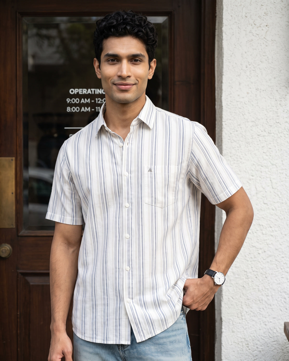 AnationZ Heritage Linen Stripe Short Sleeve Shirt - Chalk Mist Sri Lanka