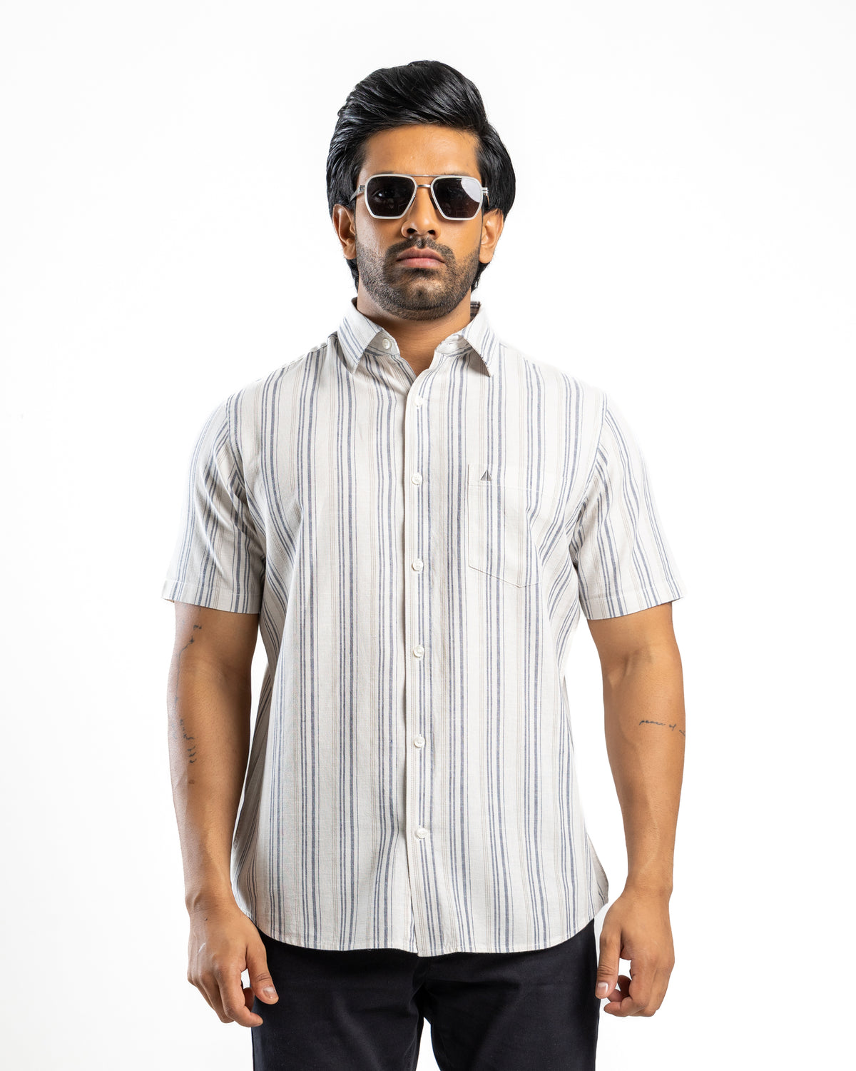 AnationZ Heritage Linen Stripe Short Sleeve Shirt - Chalk Mist Sri Lanka
