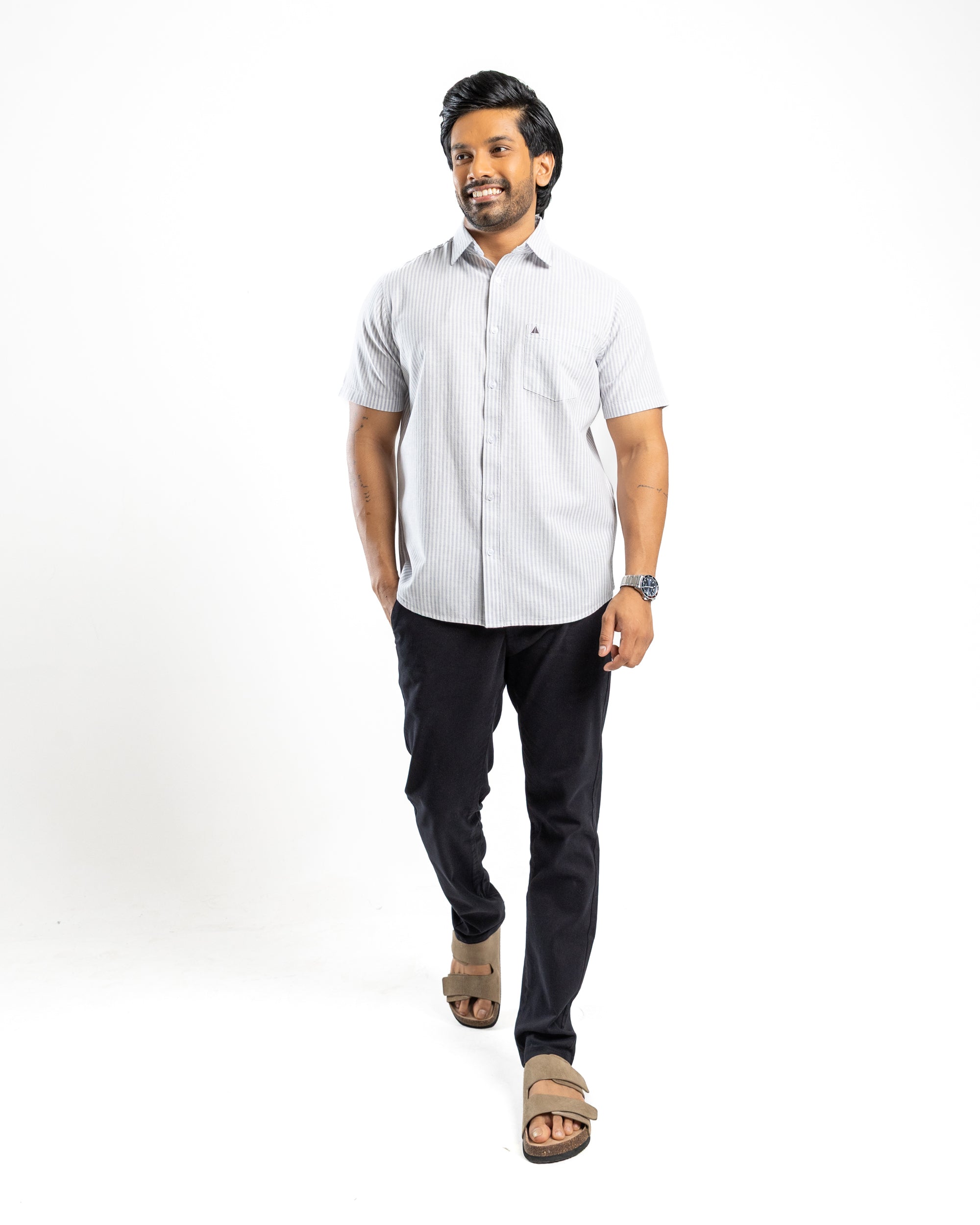 AnationZ Heritage Linen Stripe Short Sleeve Shirt - Aged Ivory Sri Lanka
