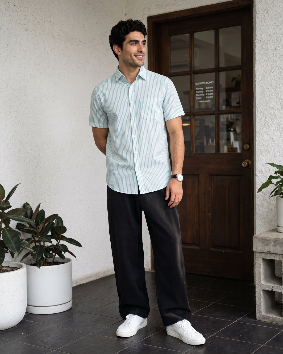 AnationZ Heritage Linen Stripe Short Sleeve Shirt - Teal Current Sri Lanka