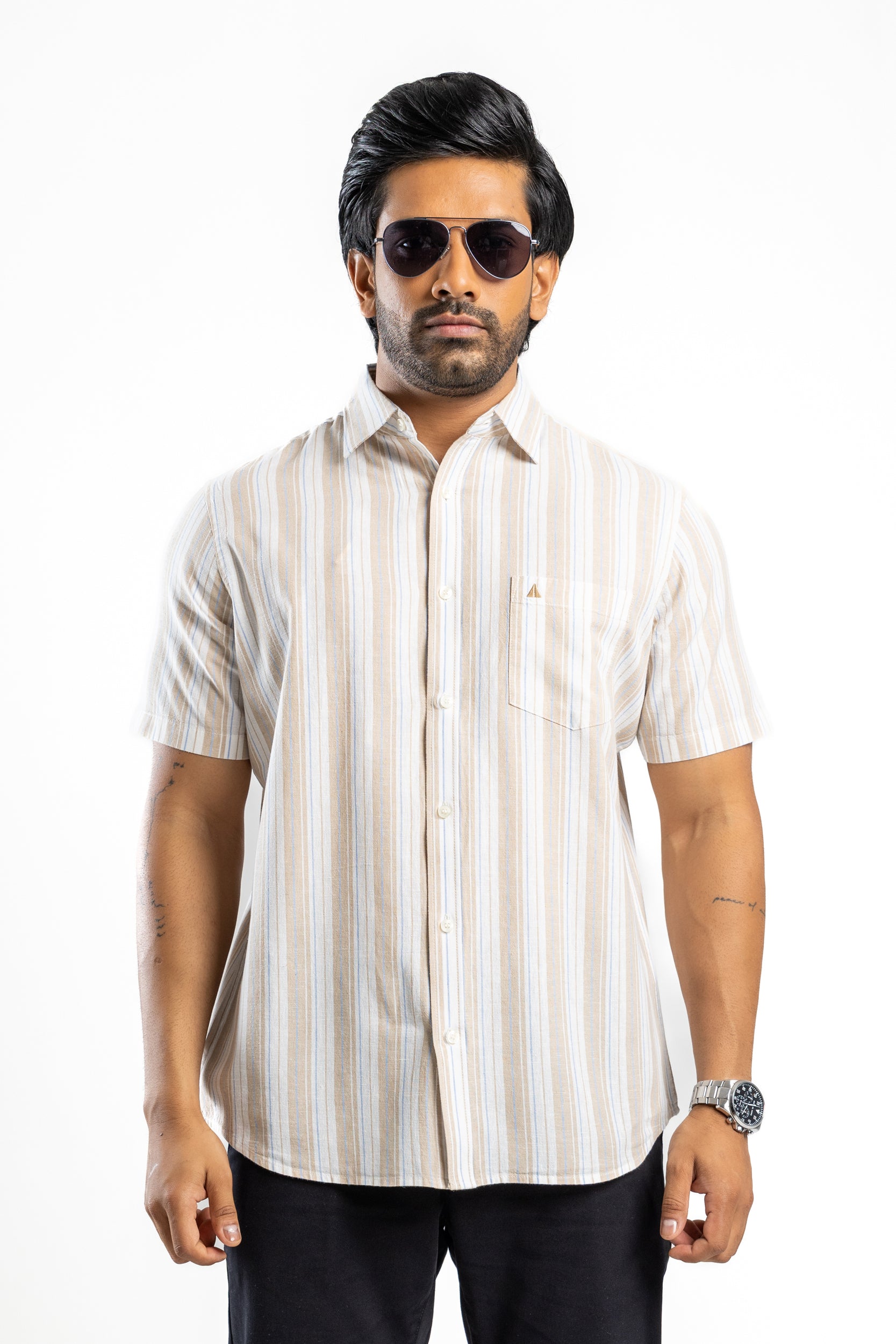 AnationZ Heritage Linen Stripe Short Sleeve Shirt - Driftwood Sri Lanka
