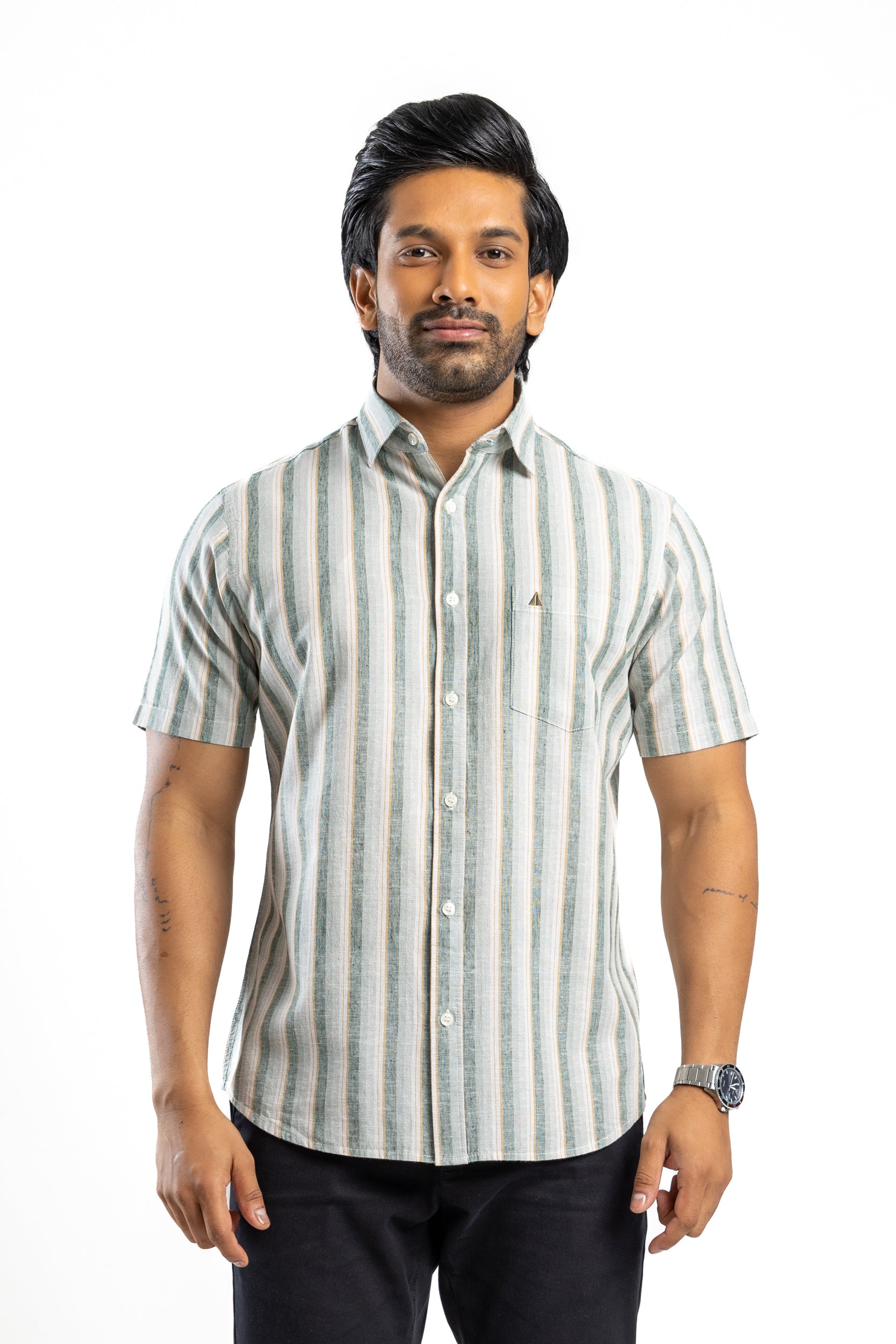 AnationZ Heritage Linen Stripe Short Sleeve Shirt - Deep Canopy Sri Lanka
