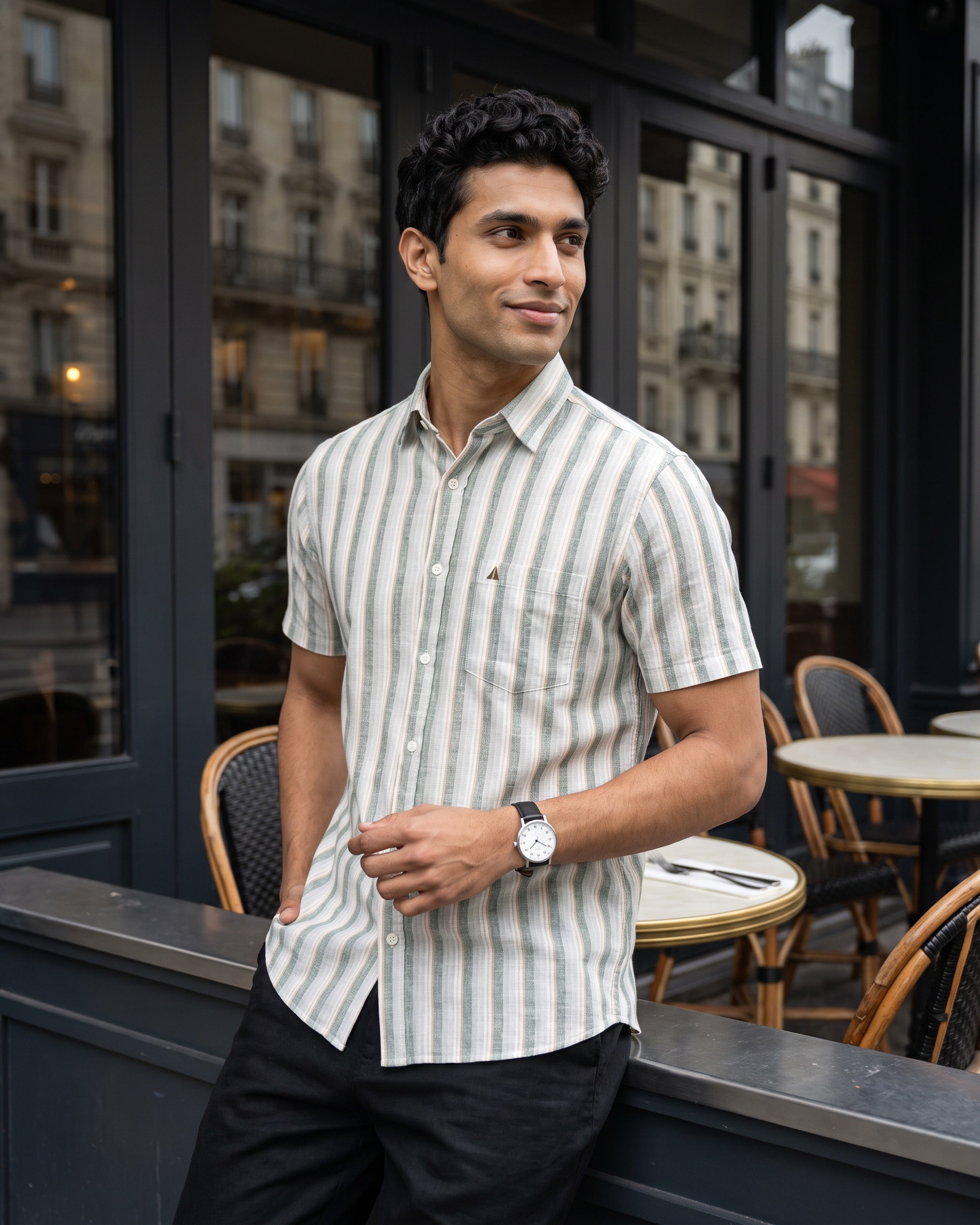 AnationZ Heritage Linen Stripe Short Sleeve Shirt - Deep Canopy Sri Lanka
